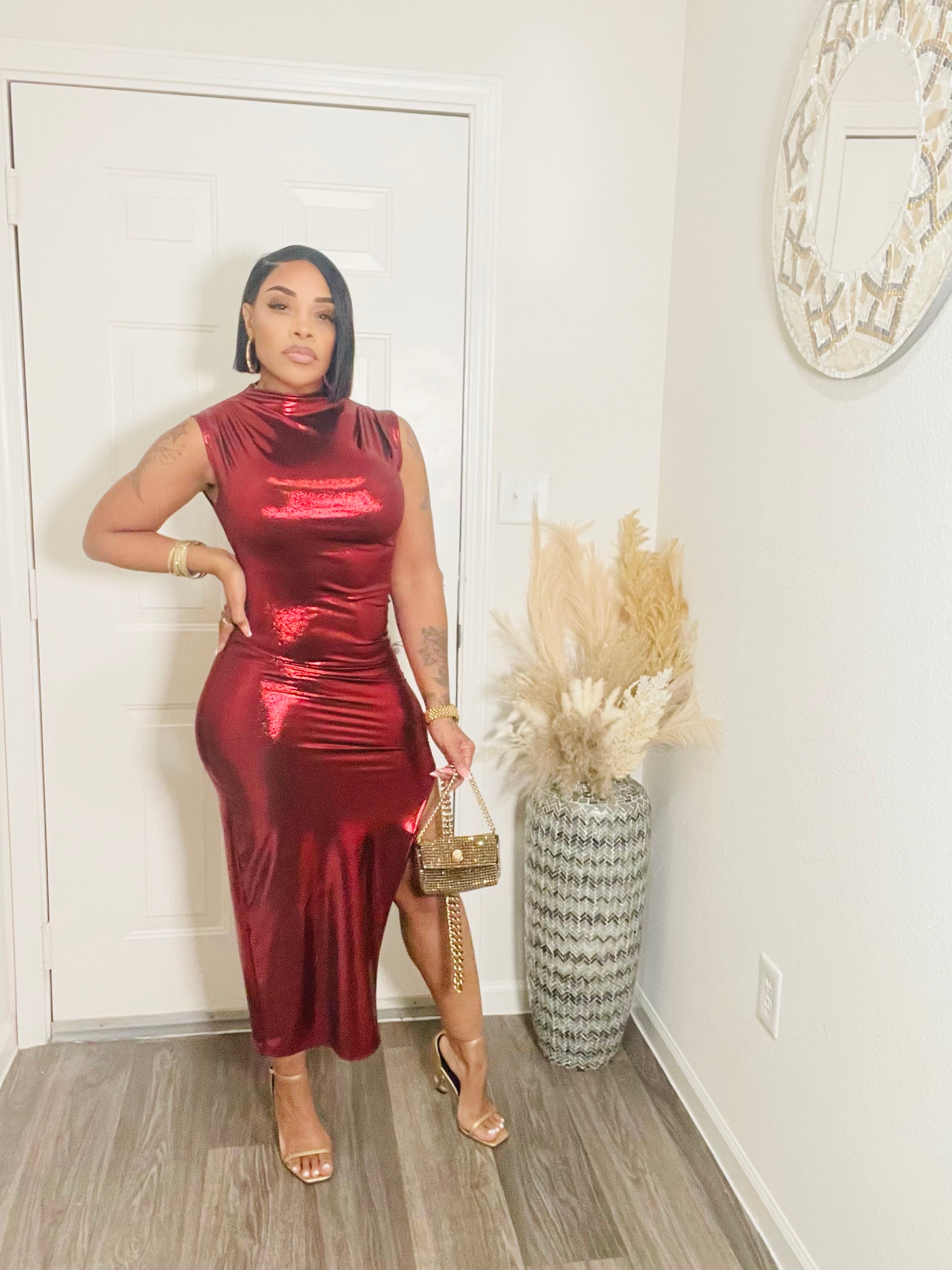 Red Metallic High Slit Dress