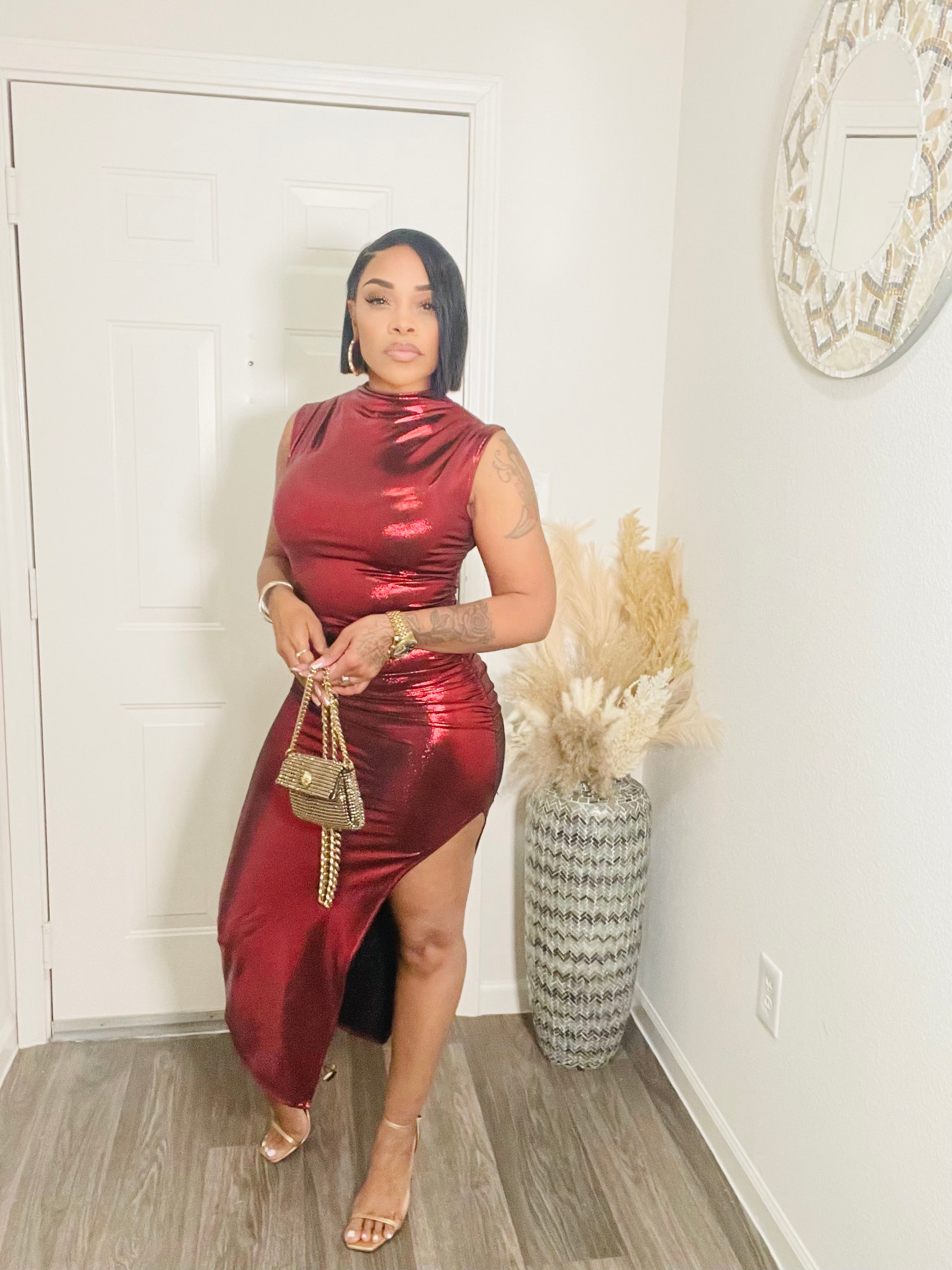 Red Metallic High Slit Dress
