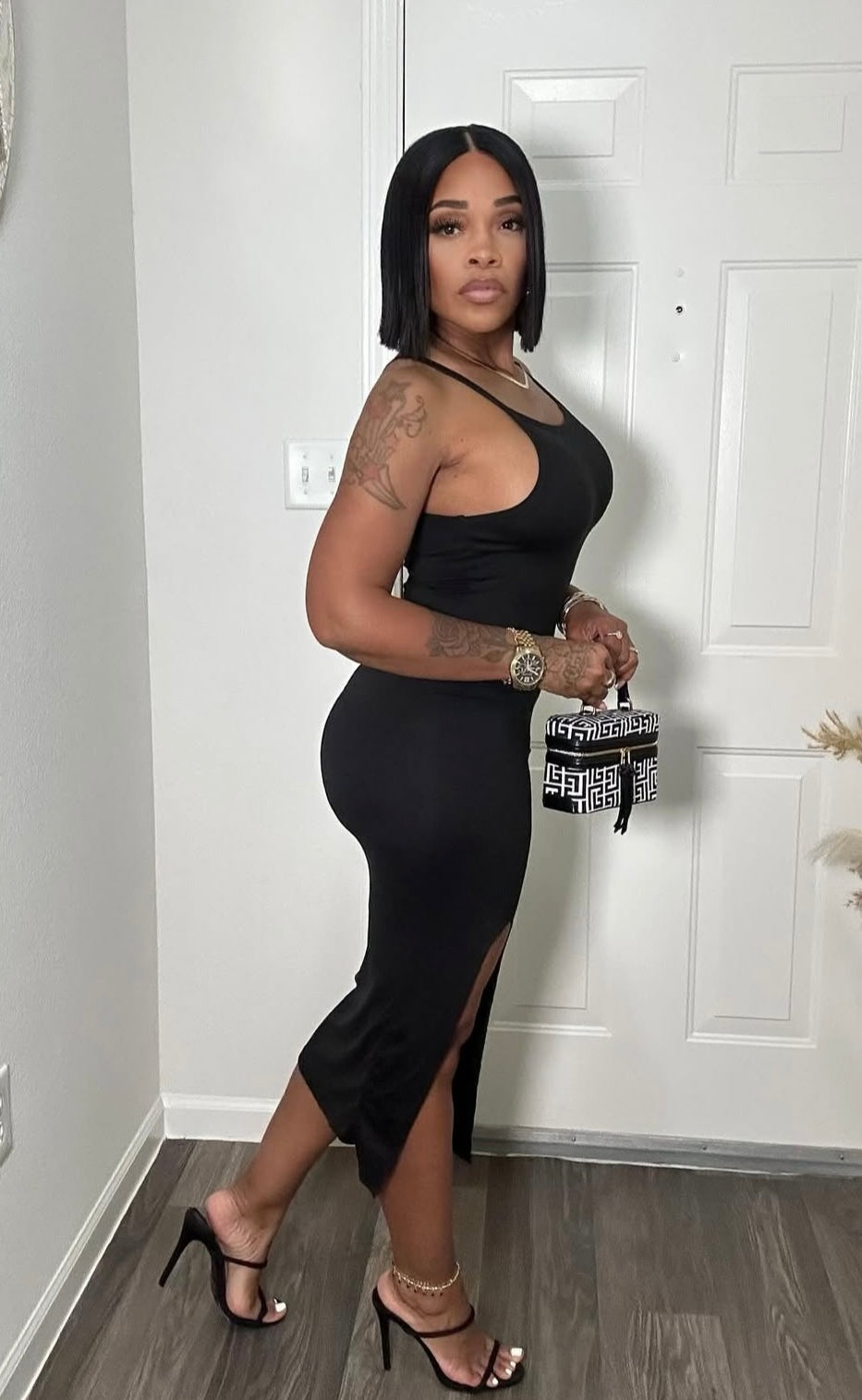 Black Spaghetti Strap High Slit Dress