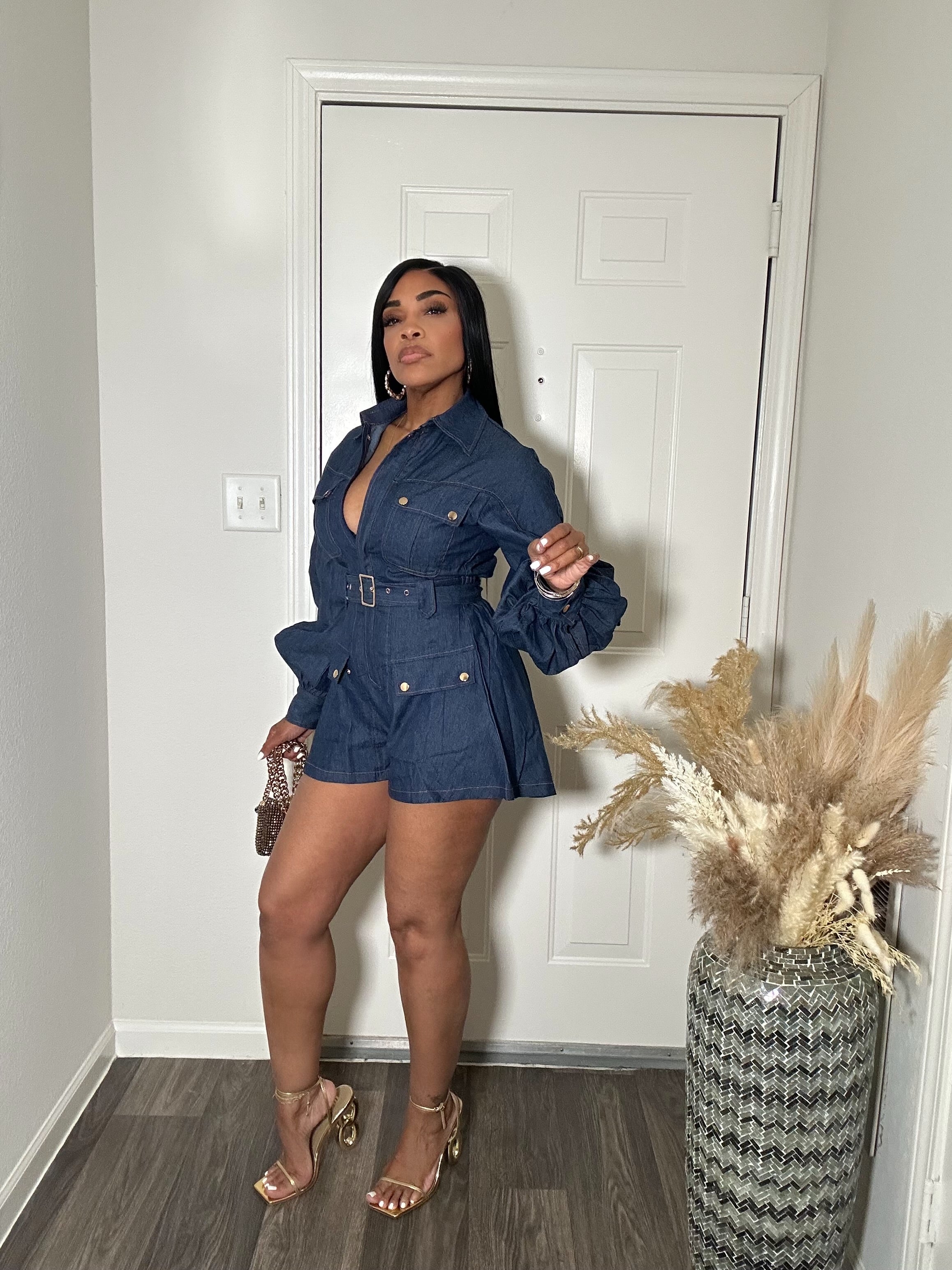 Denim long sleeve Romper with belt
