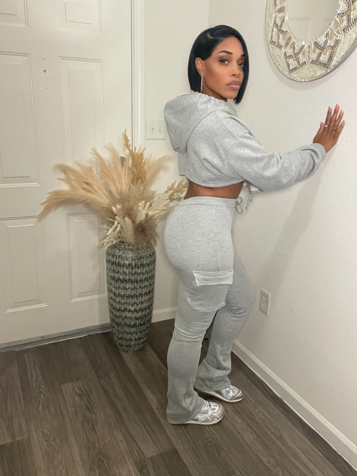 Grey High Low Hoodie & Cargo Sweatpants Set