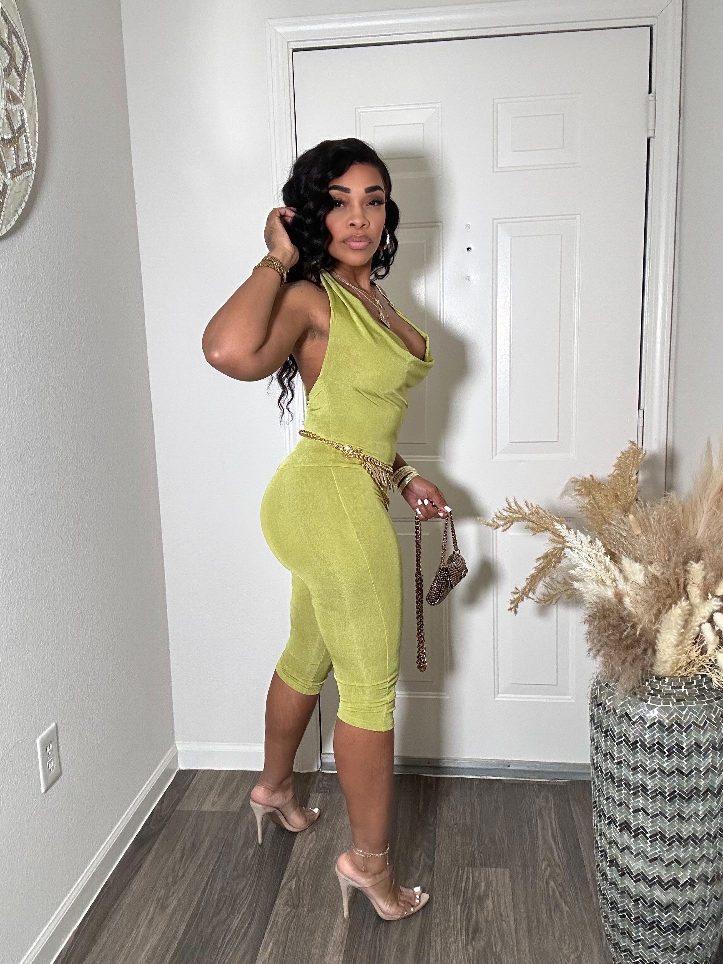 Lime Green Halter Capri Romper