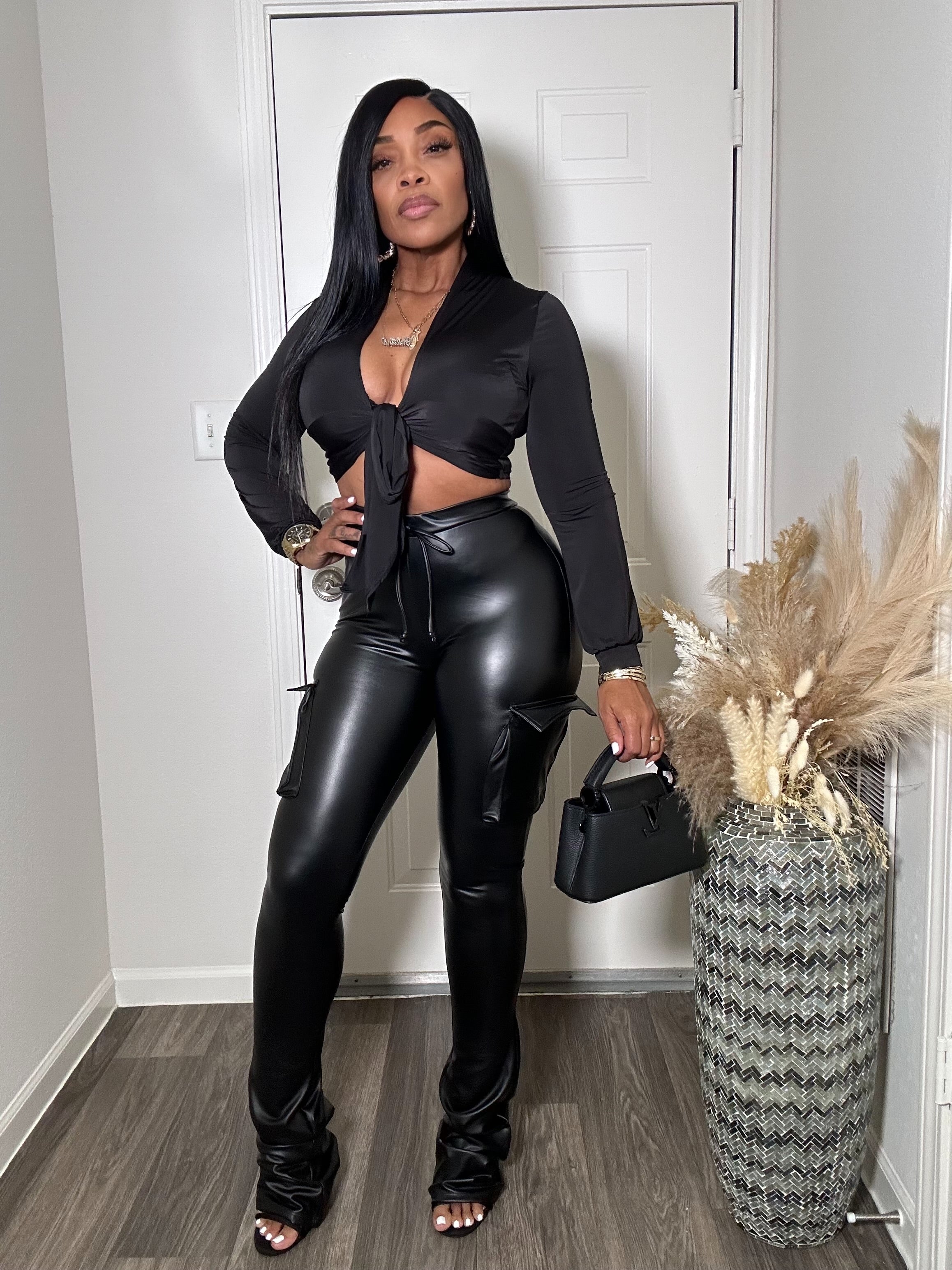 STACKED FAUX LEATHER CARGO PANTS