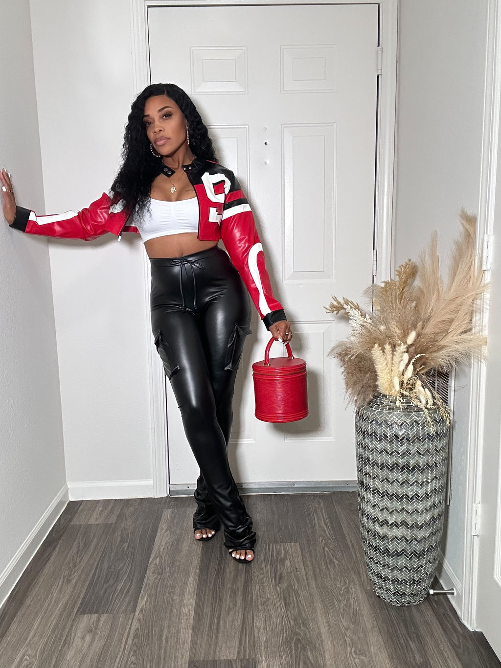 RED MOTO CROP FAUX LEATHER JACKET