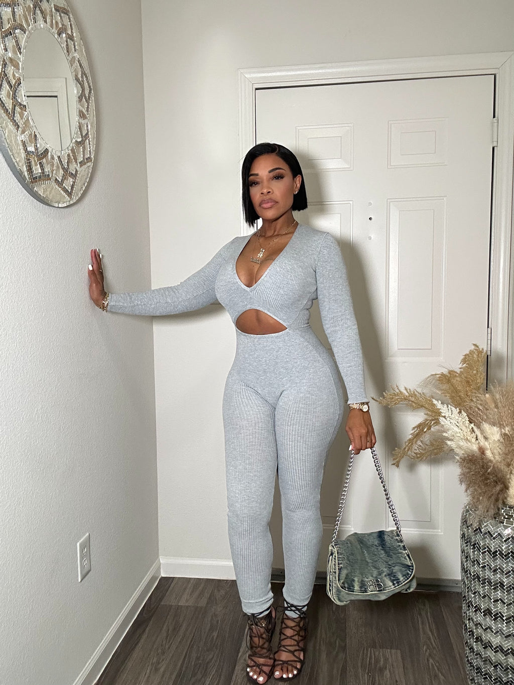 Grey Ribbed Peek A Boo Jumpsuit