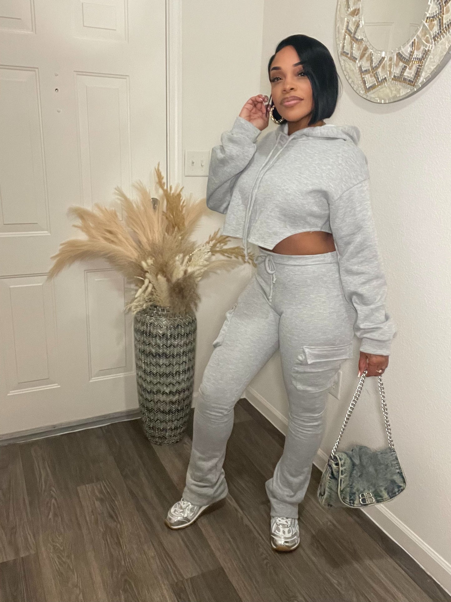 Grey High Low Hoodie & Cargo Sweatpants Set