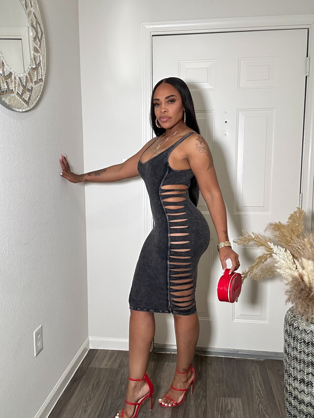 Black slashed mineral wash denim Dress