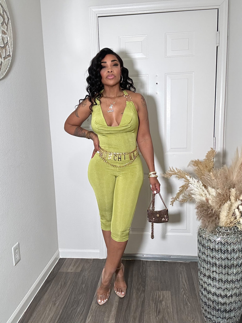 Lime Green Halter Capri Romper