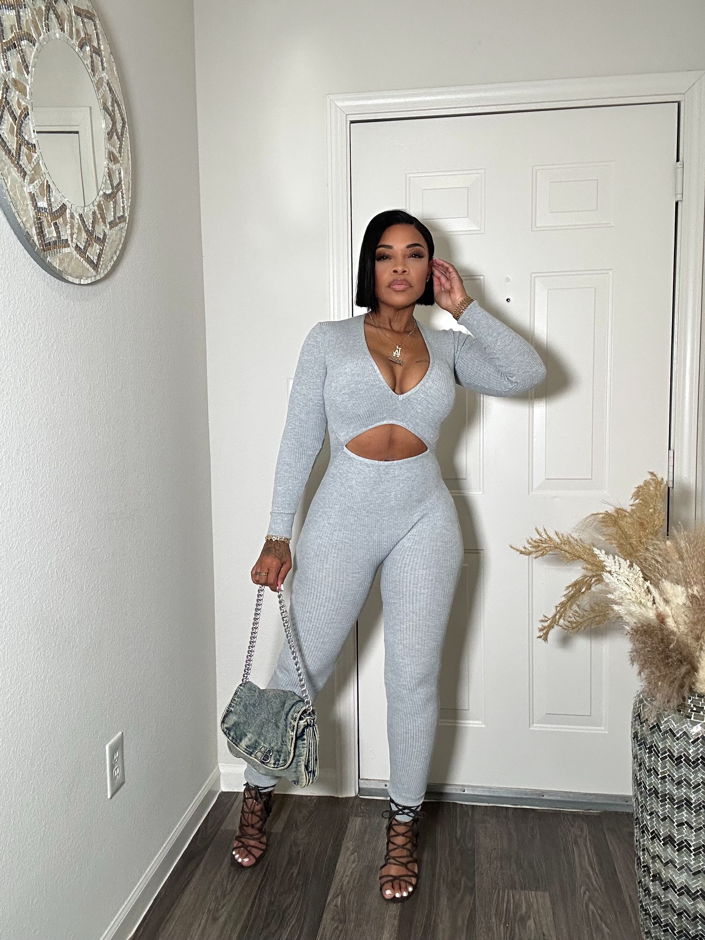Grey Ribbed Peek A Boo Jumpsuit