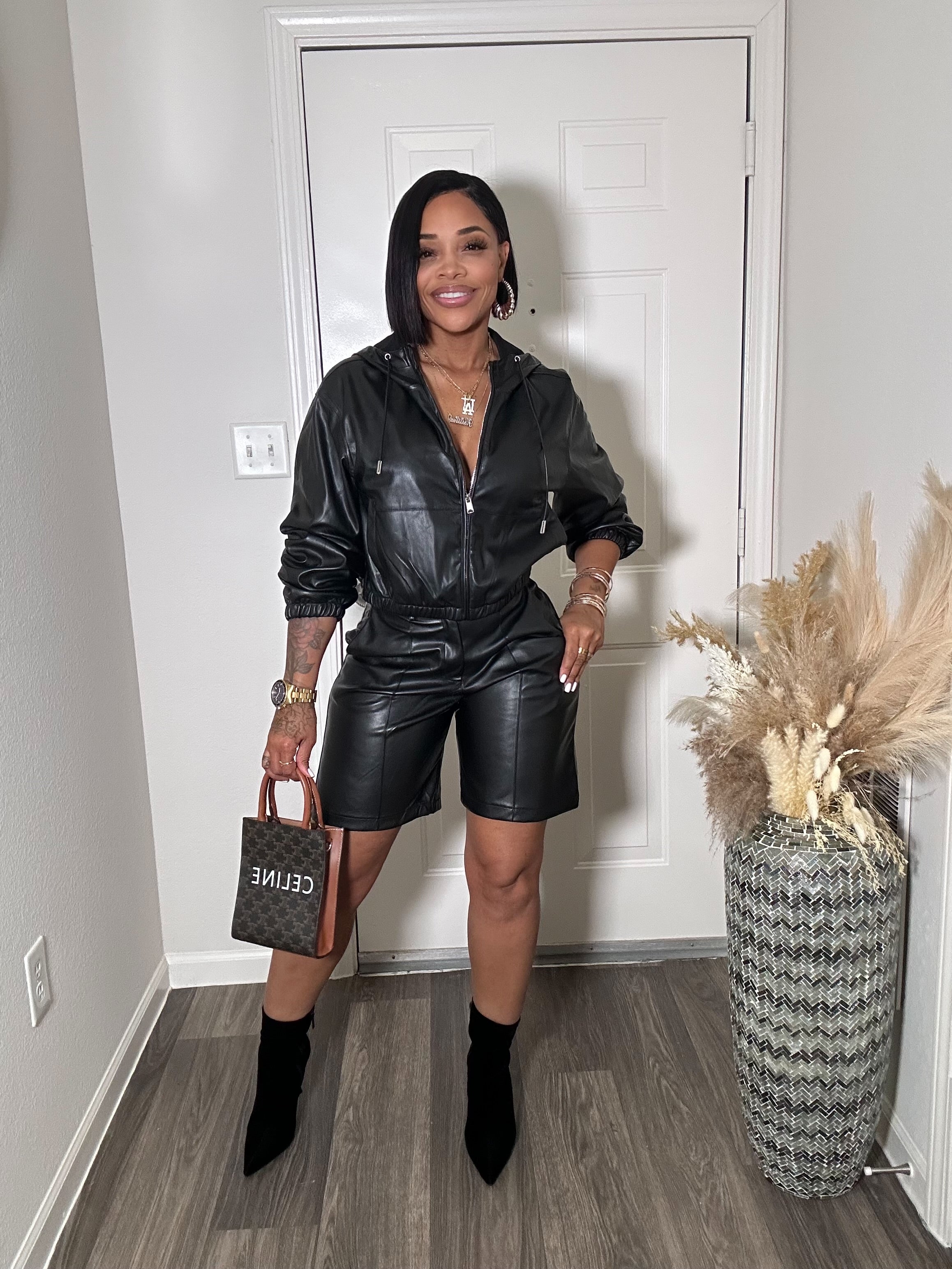 Black Faux Leather Jacket & Short Set