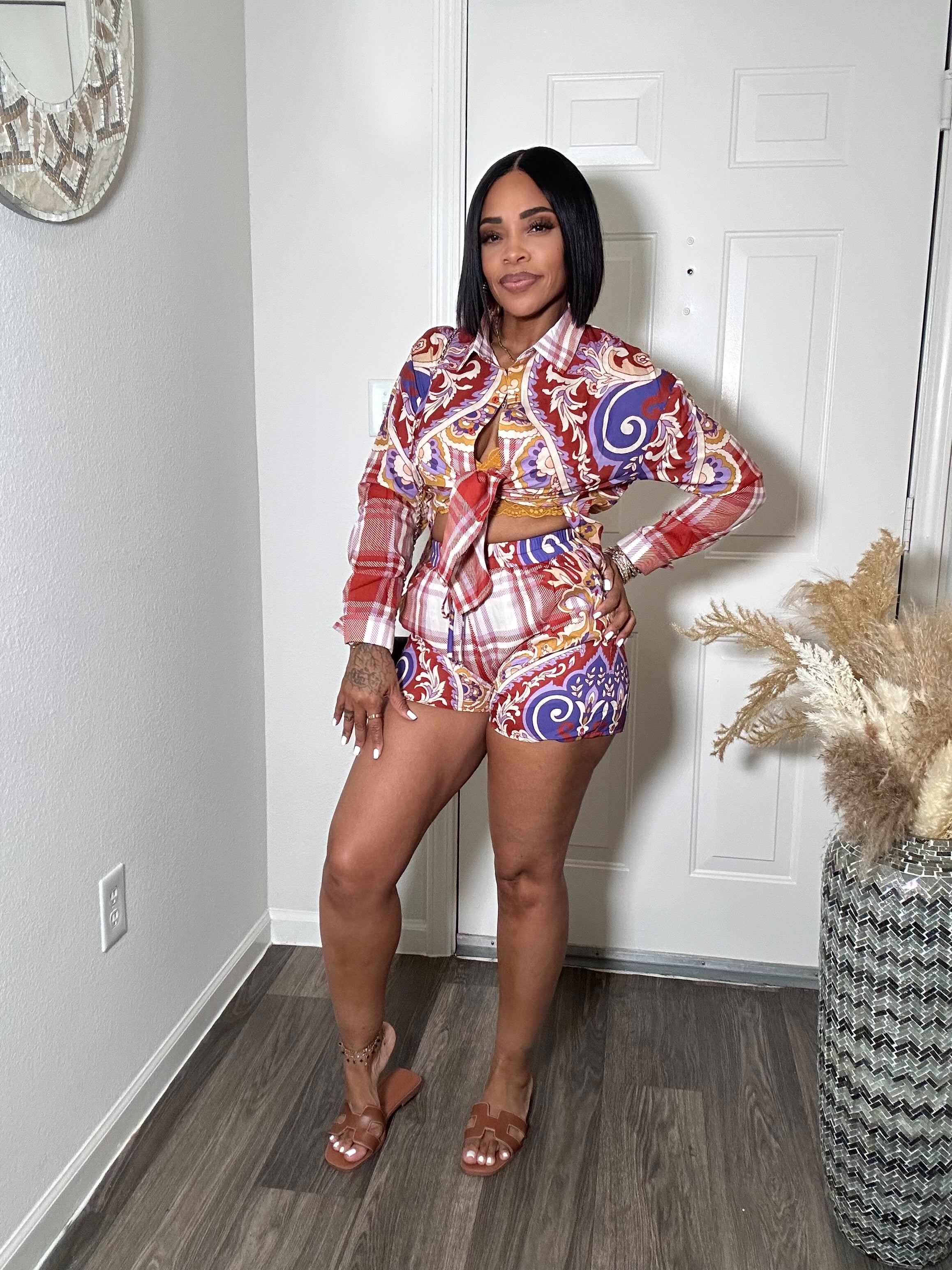 Printed Paisley Button Up Top & Short Set