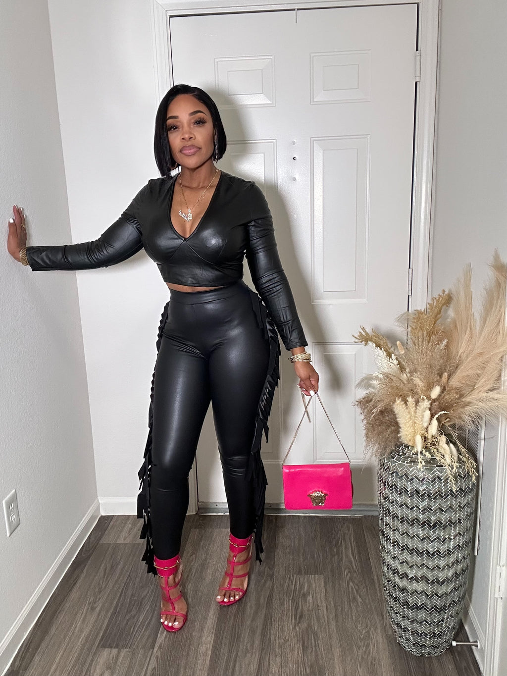 Black Faux Leather V-Neck Long Sleeve Top