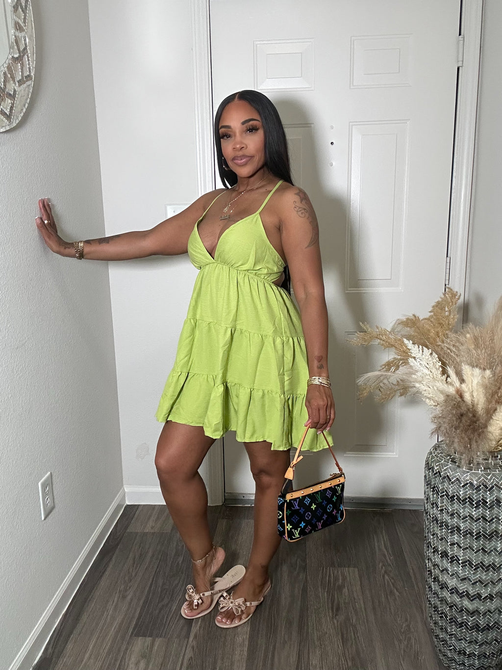Lime Green Strappy Back Flowy Dress