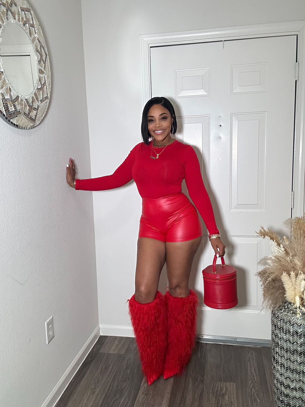 Red Faux Leather High Waist Shorts