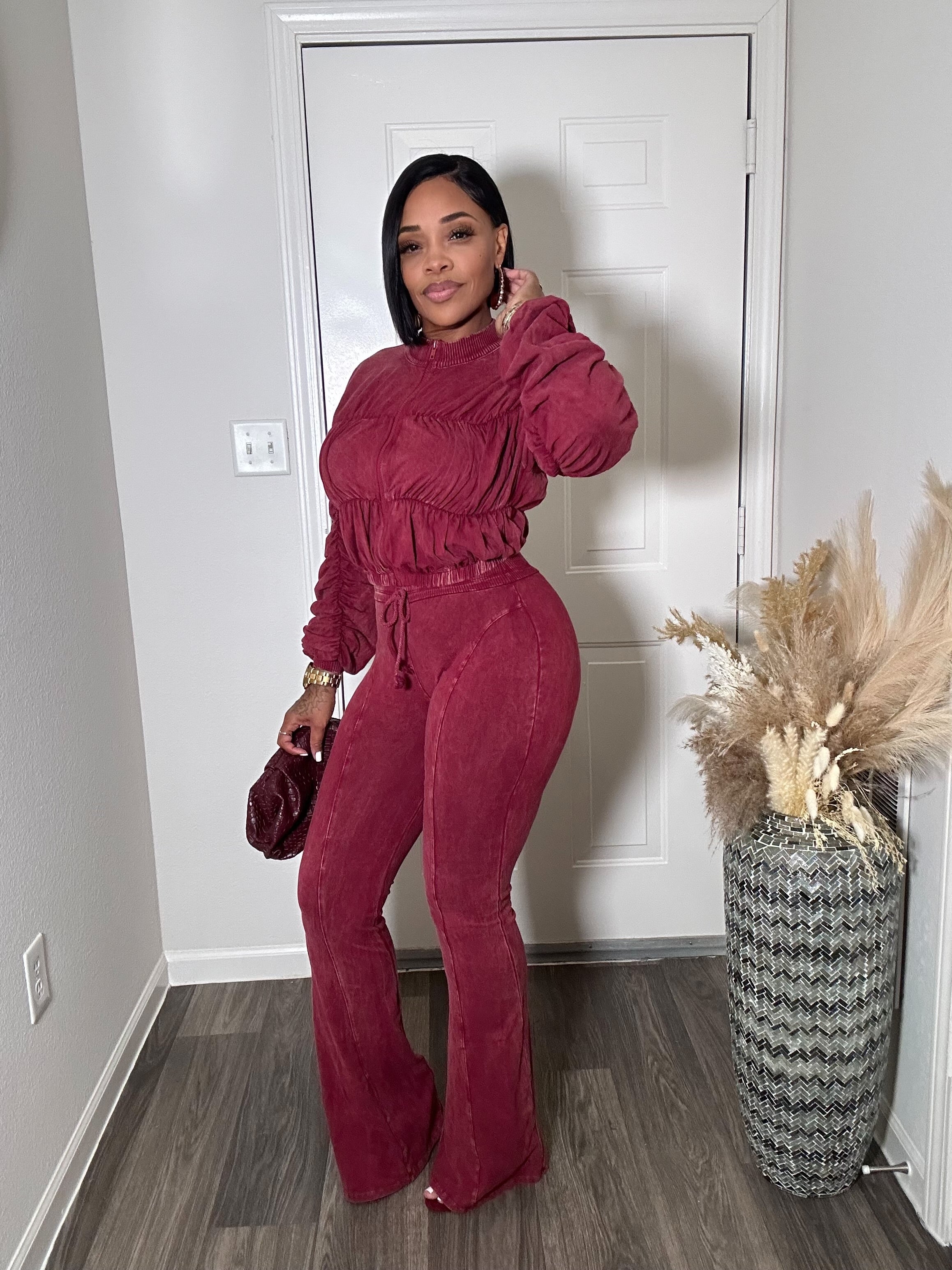 Mineral Wash Shirring Sleeve Jacket & Pants Set