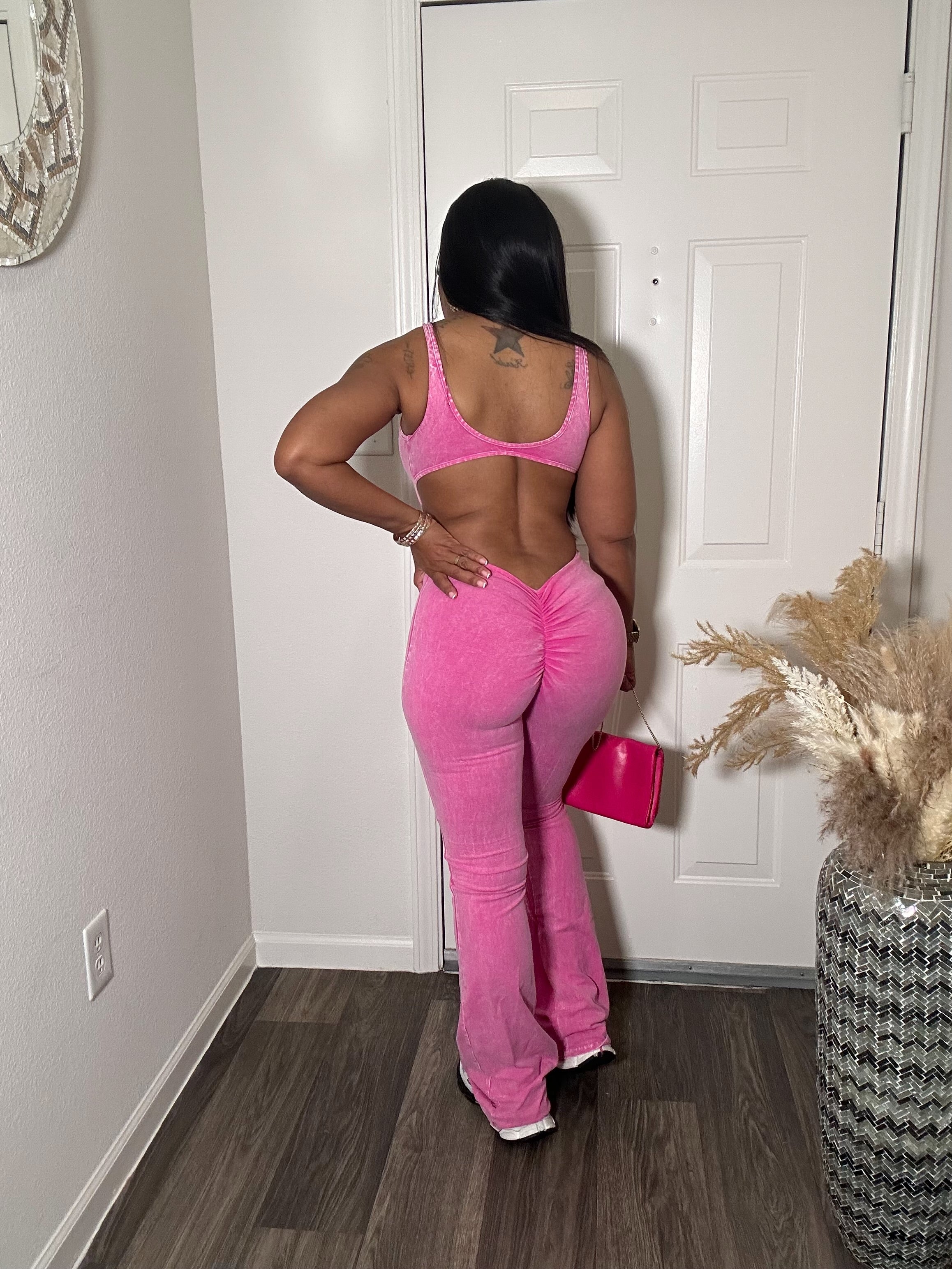 Mineral Wash Denim open back Jumpsuit + Headband