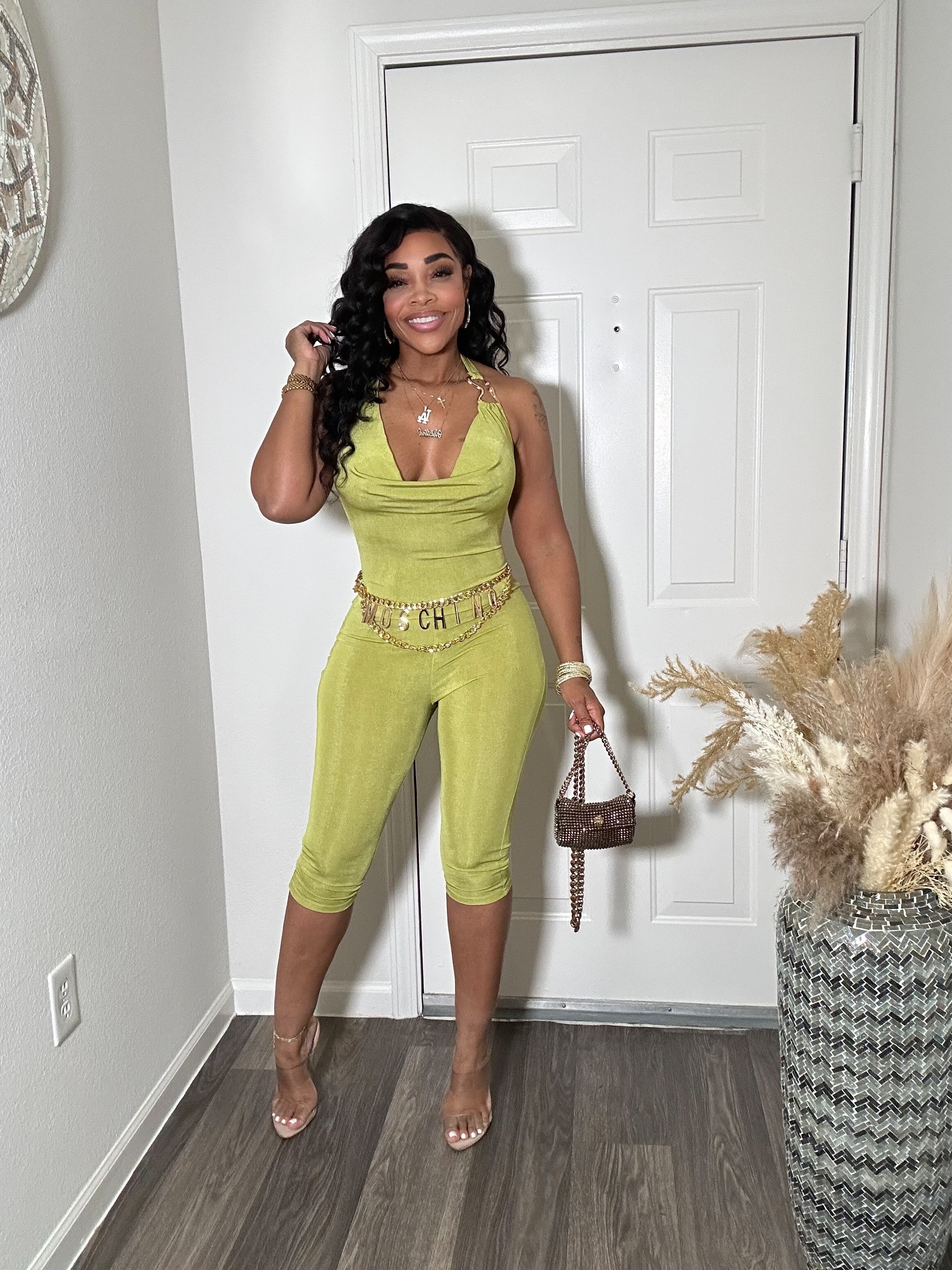 Lime Green Halter Capri Romper