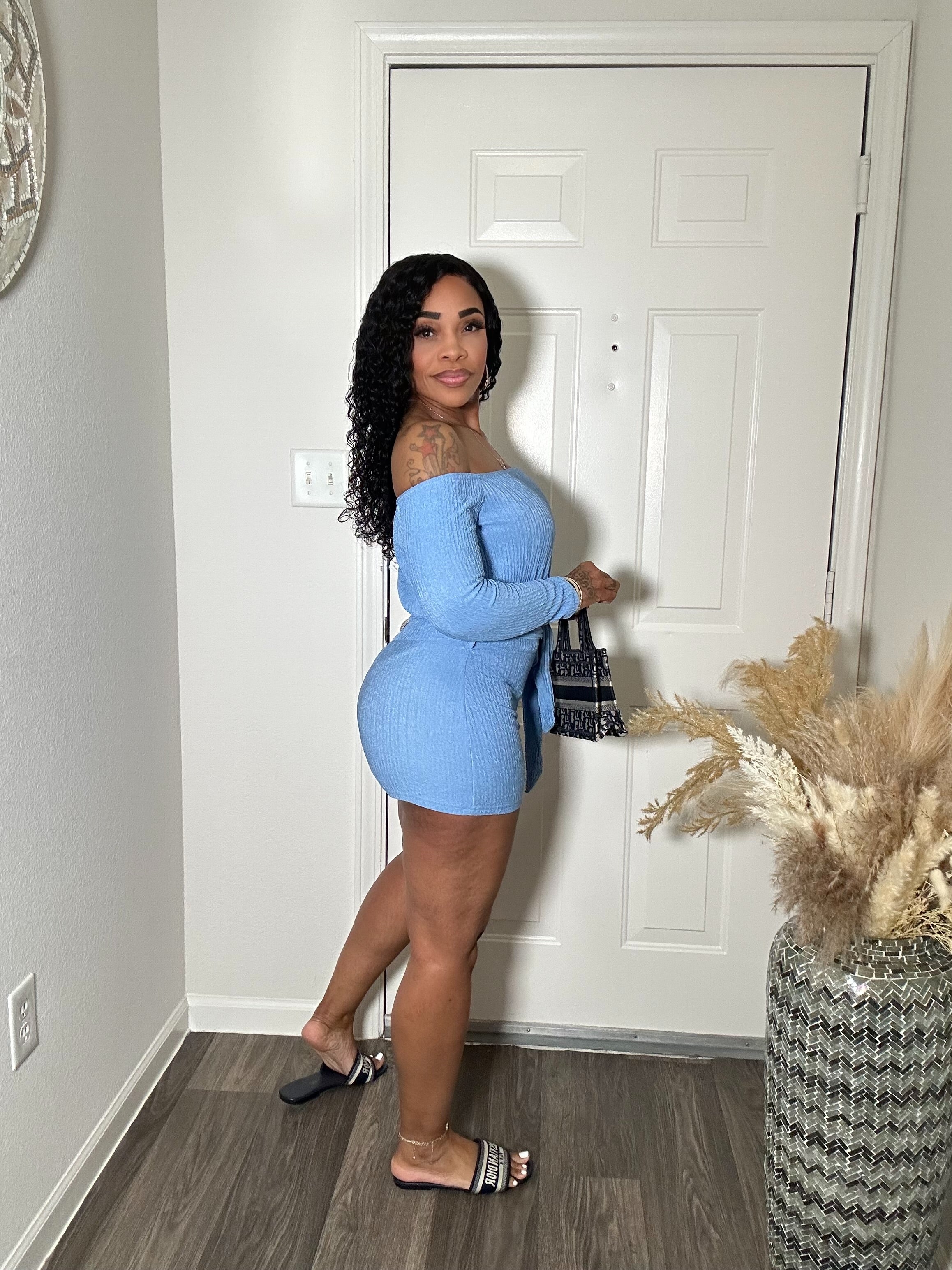 Baby Blue Off The Shoulder Belted Romper