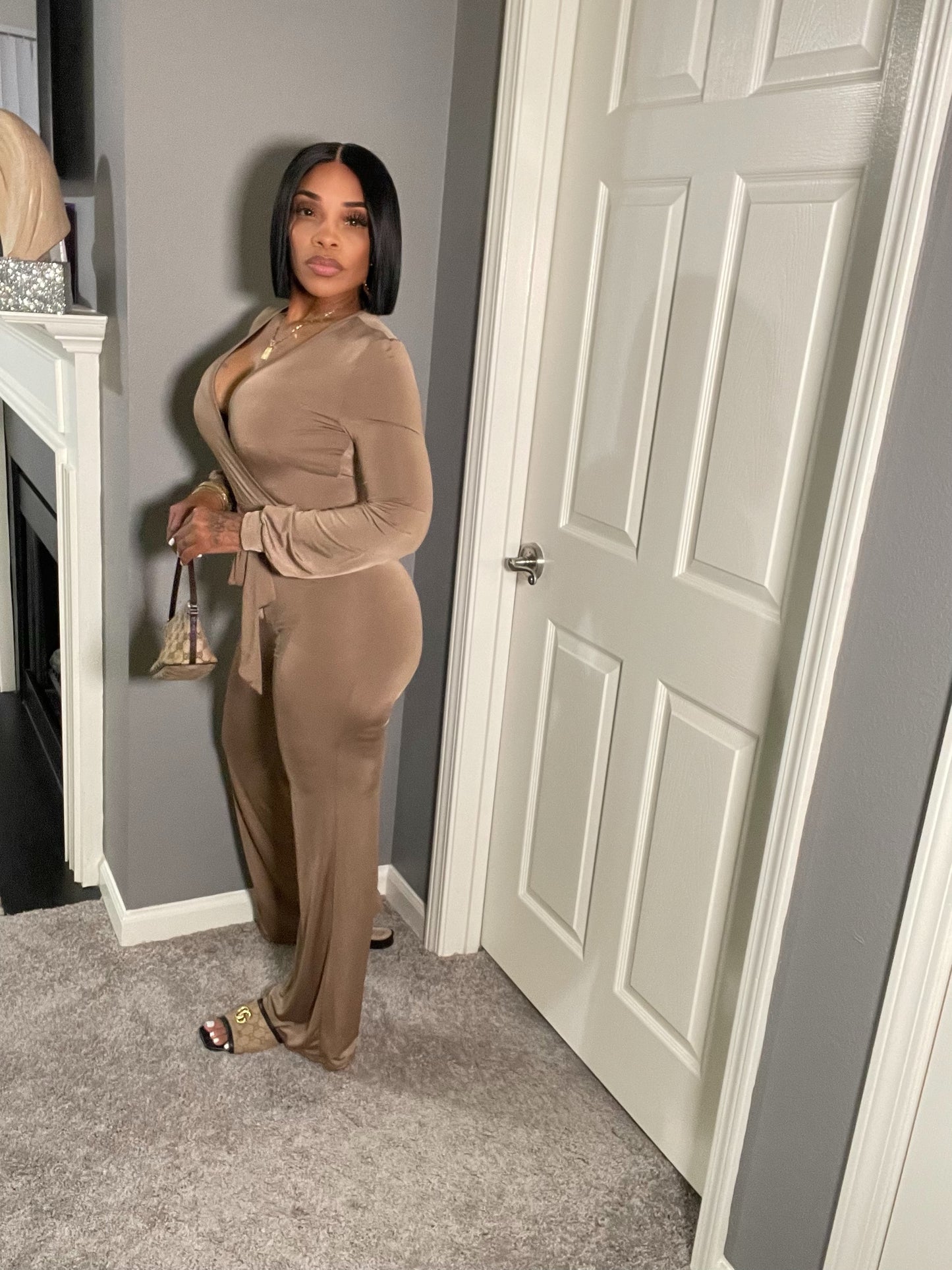 Taupe wrap jumpsuit