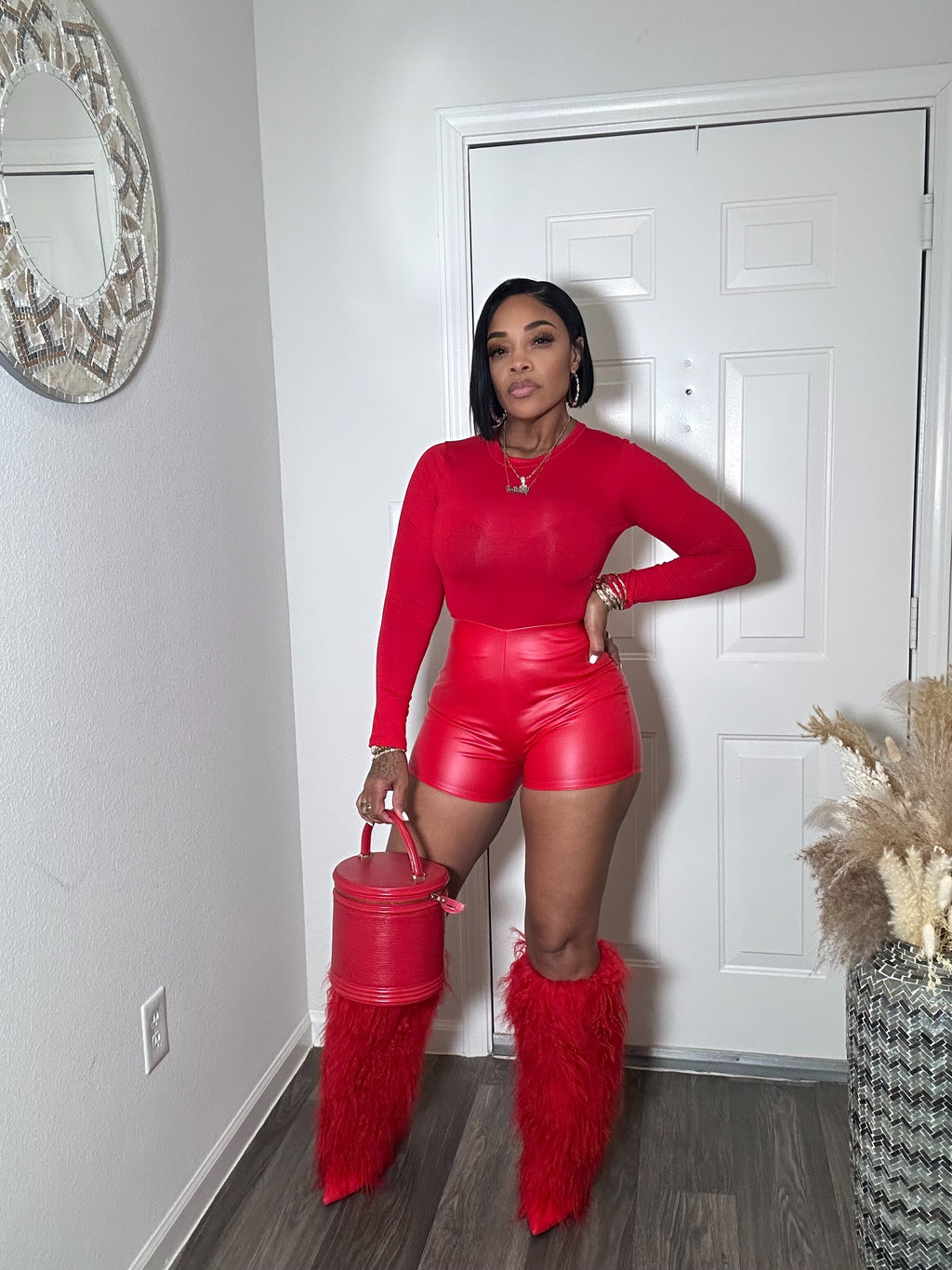 Red Faux Leather High Waist Shorts