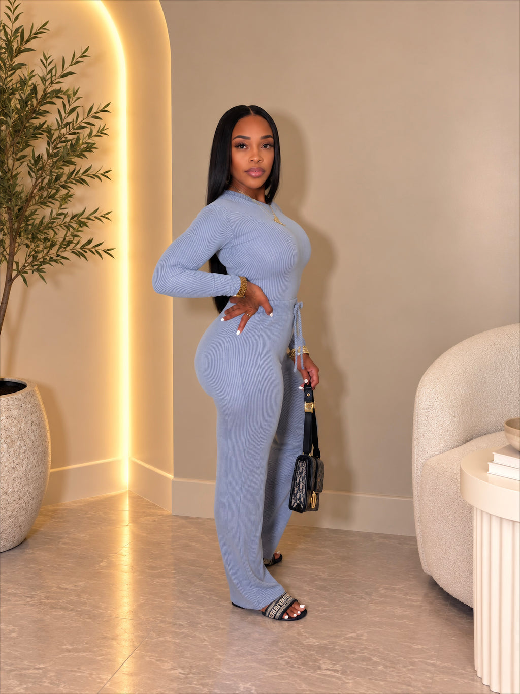 Ribbed 2-pc long sleeve pants set