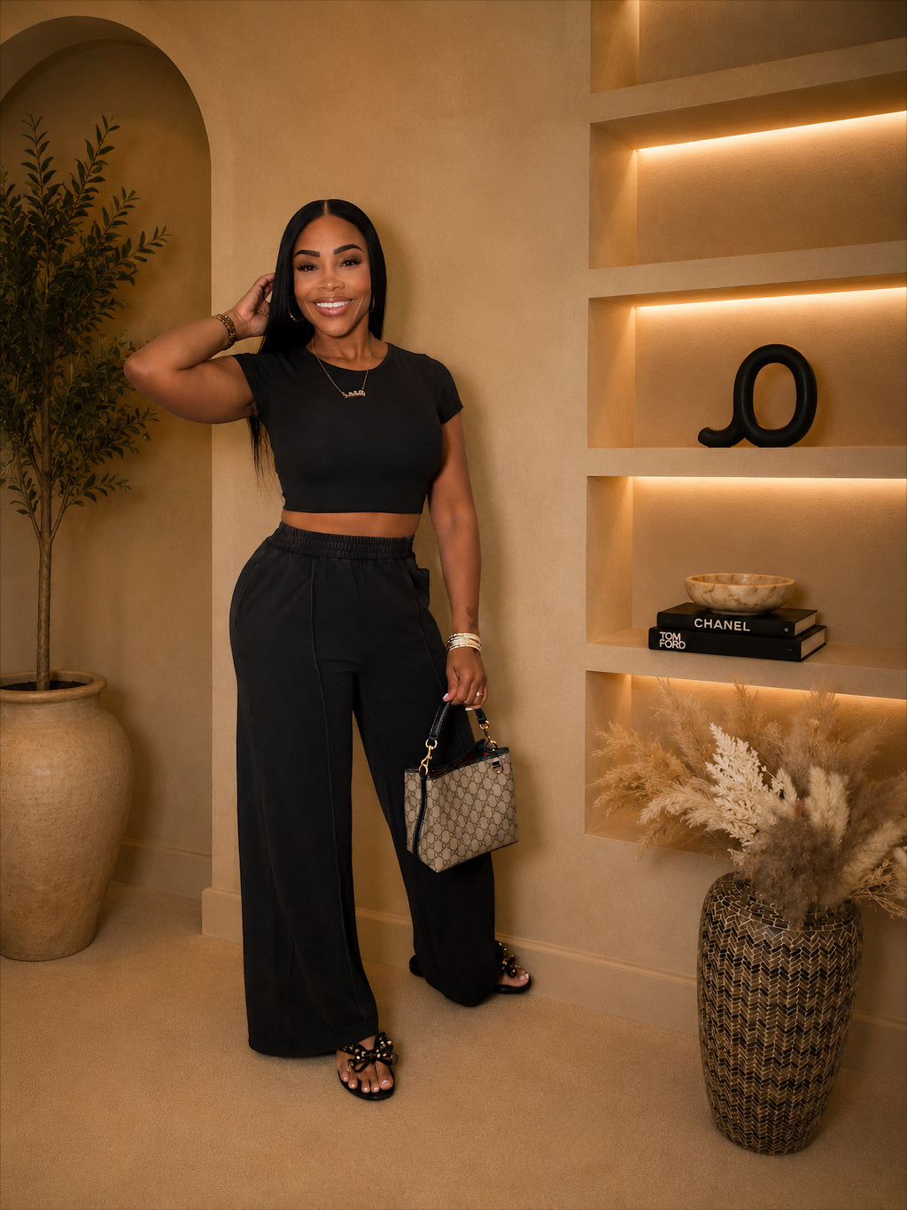Black mineral wash 2-pc pants set