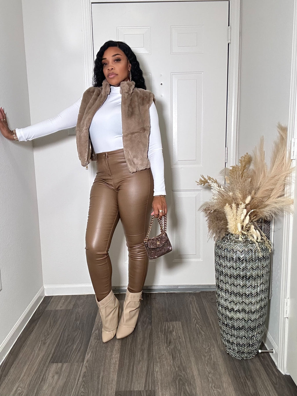 CAMEL FAUX LEATHER PANTS