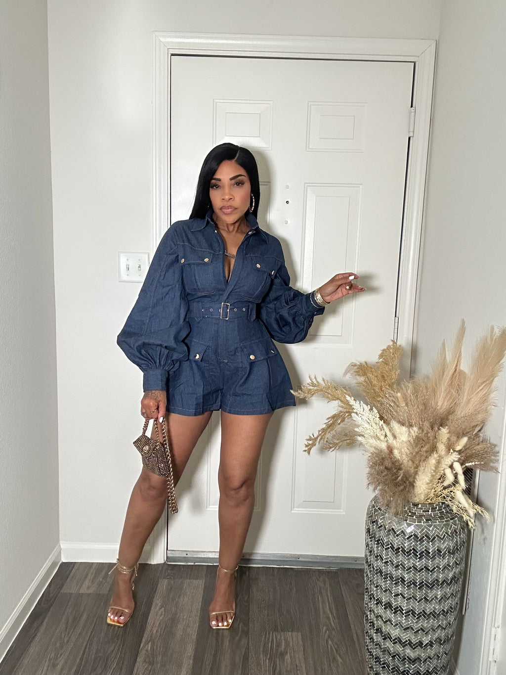 Denim long sleeve Romper with belt