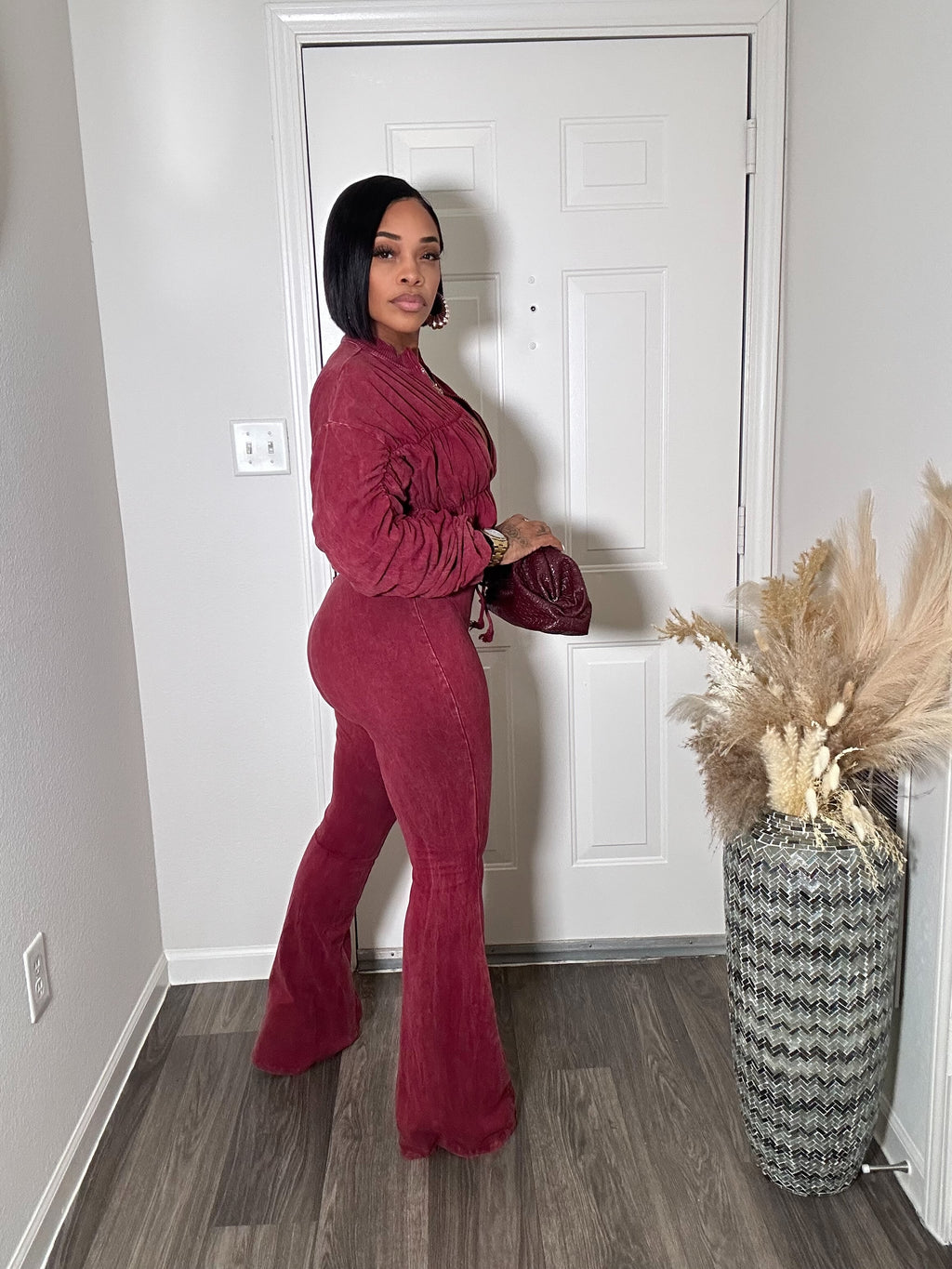 Mineral Wash Shirring Sleeve Jacket & Pants Set