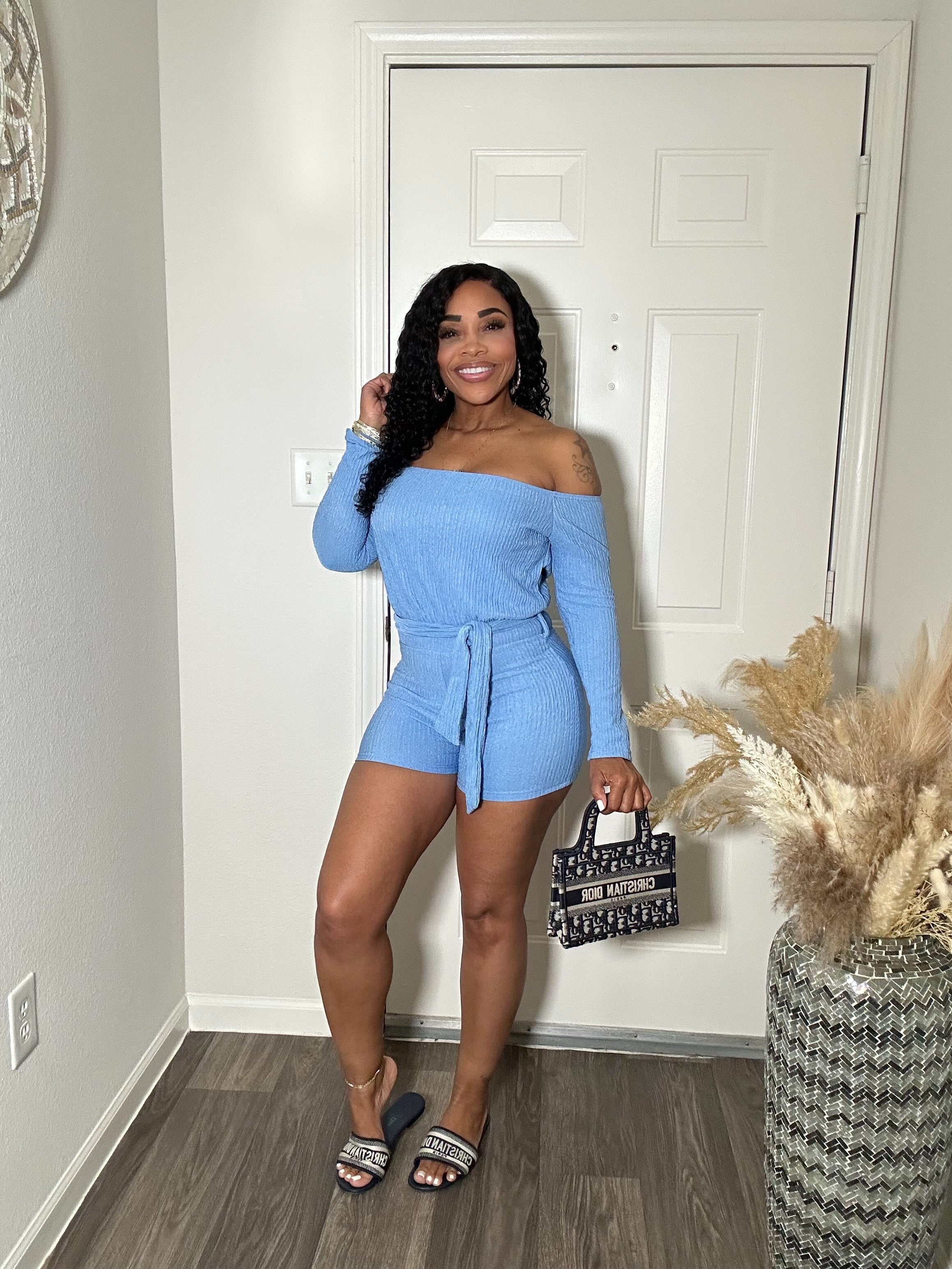 Baby Blue Off The Shoulder Belted Romper