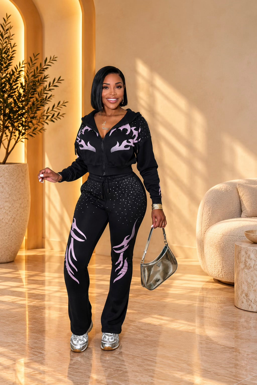 Black Mineral Wash Rhinestone 2-pc Sweatsuit