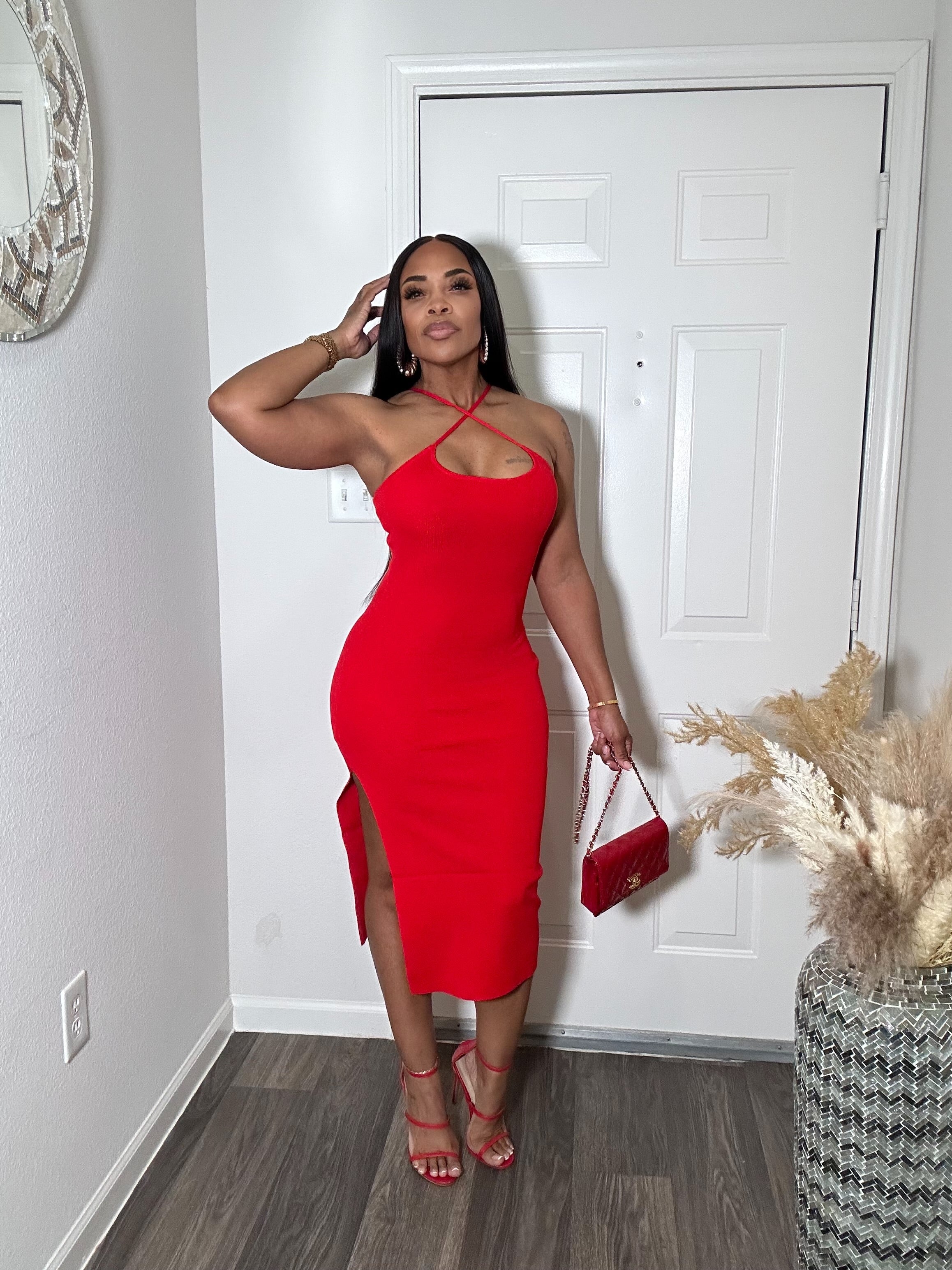Spaghetti strap midi dress with high slit