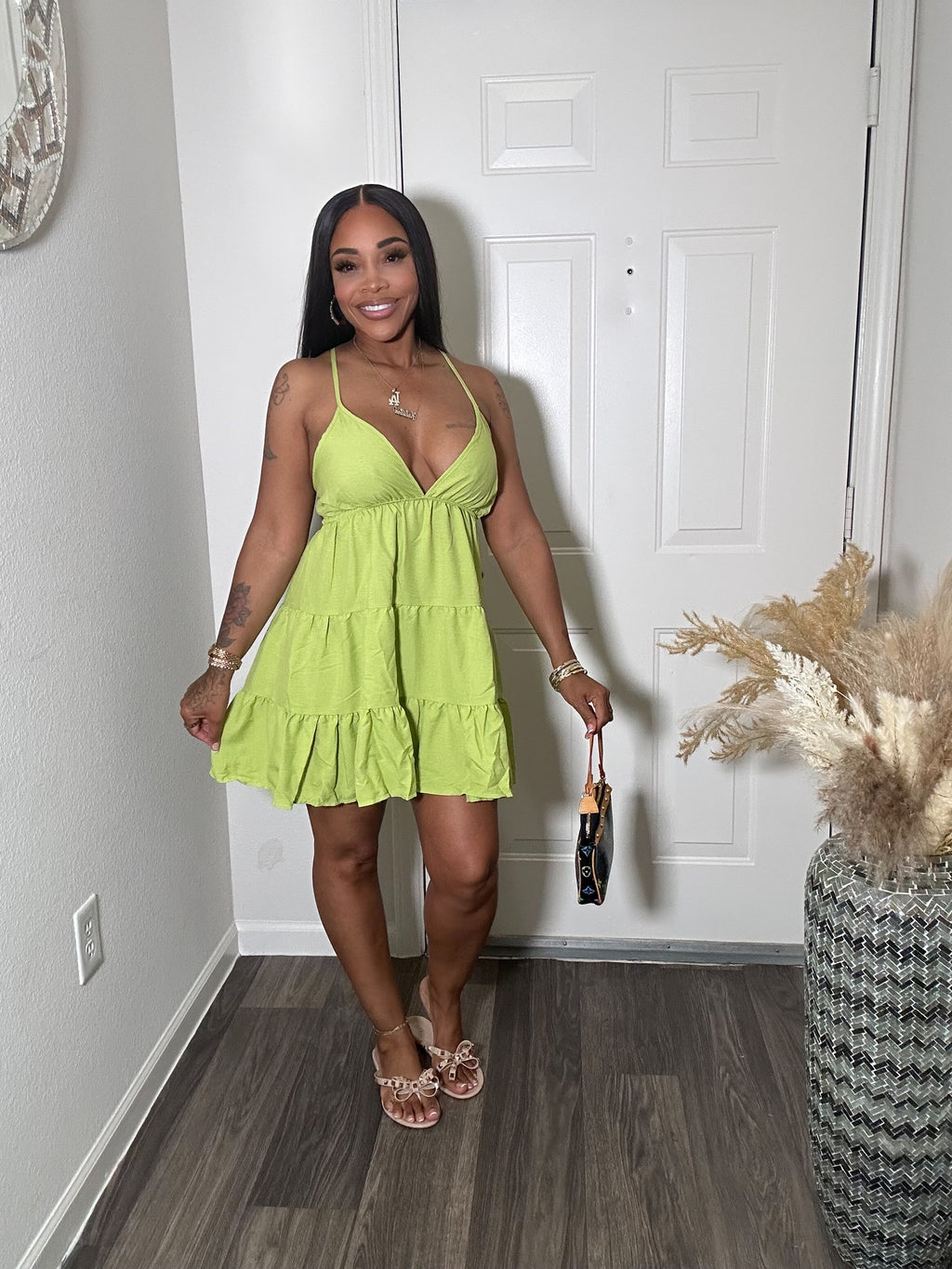 Lime Green Strappy Back Flowy Dress