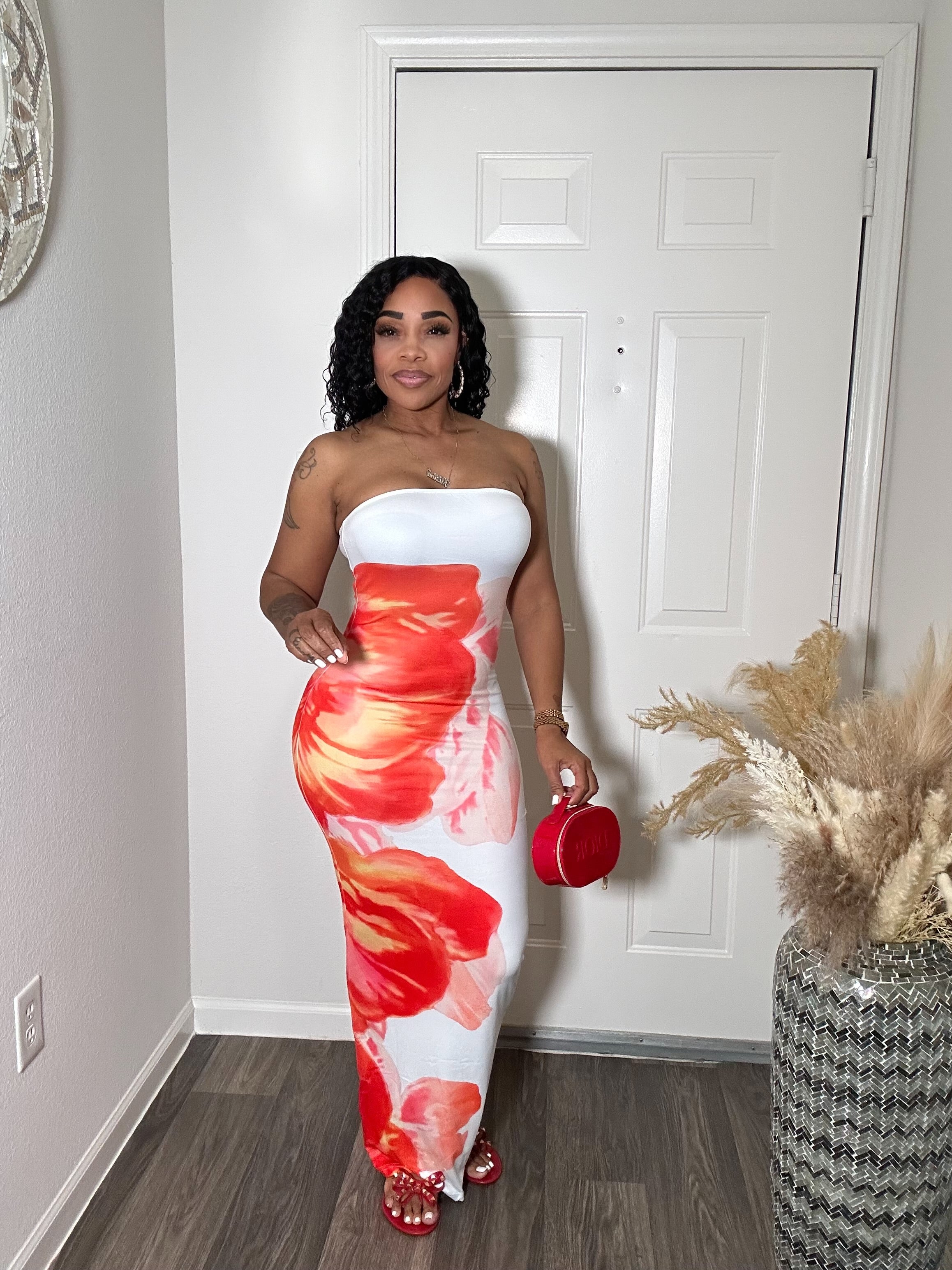 Red & White Floral Maxi Tube Dress