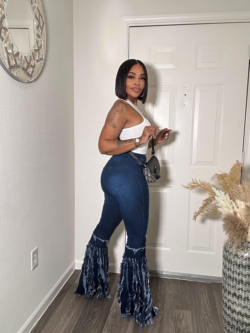 High Waist Dark Denim Fringe Jeans