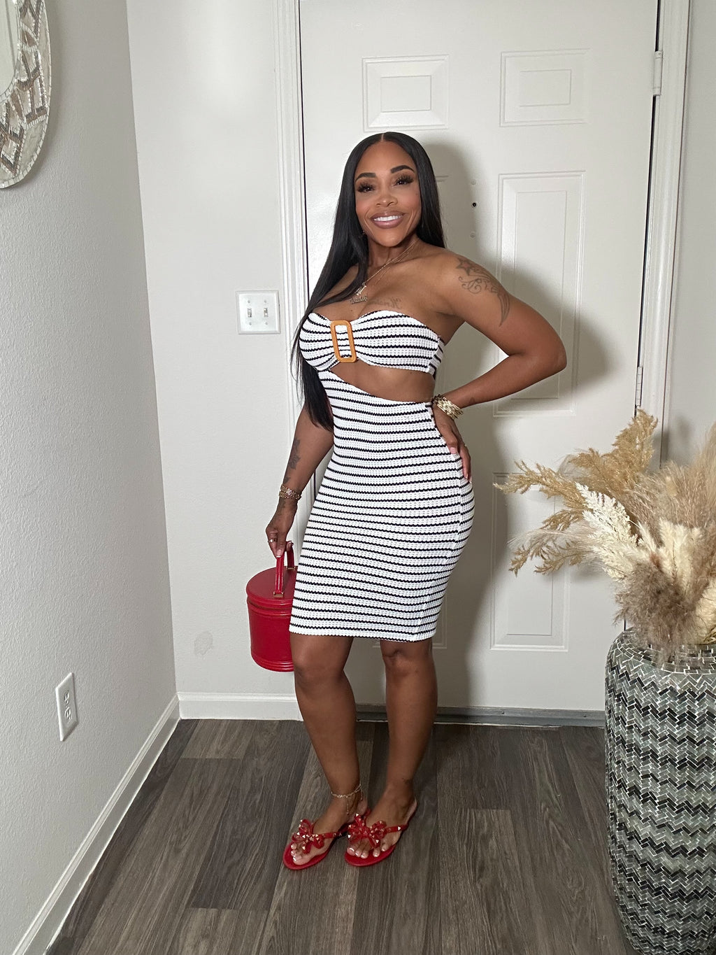 White Stripe Cut Out Tube Dress