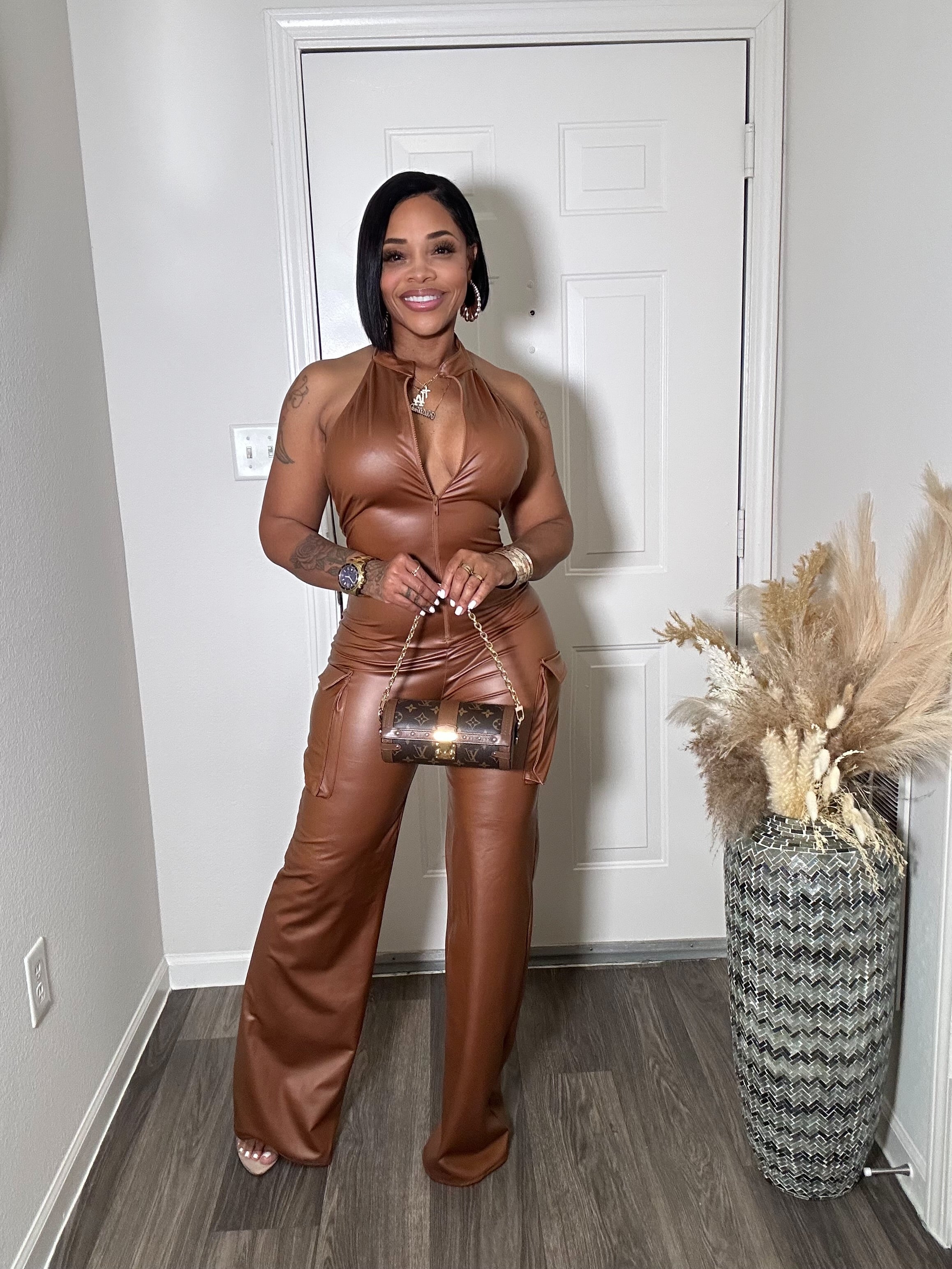 Brown Faux Leather open back Jumpsuit
