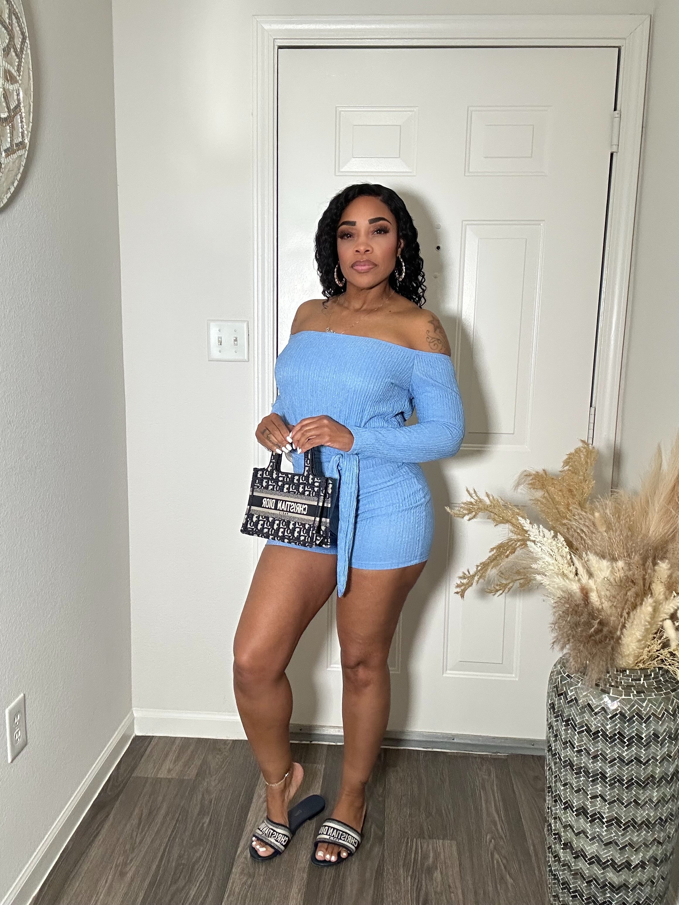 Baby Blue Off The Shoulder Belted Romper