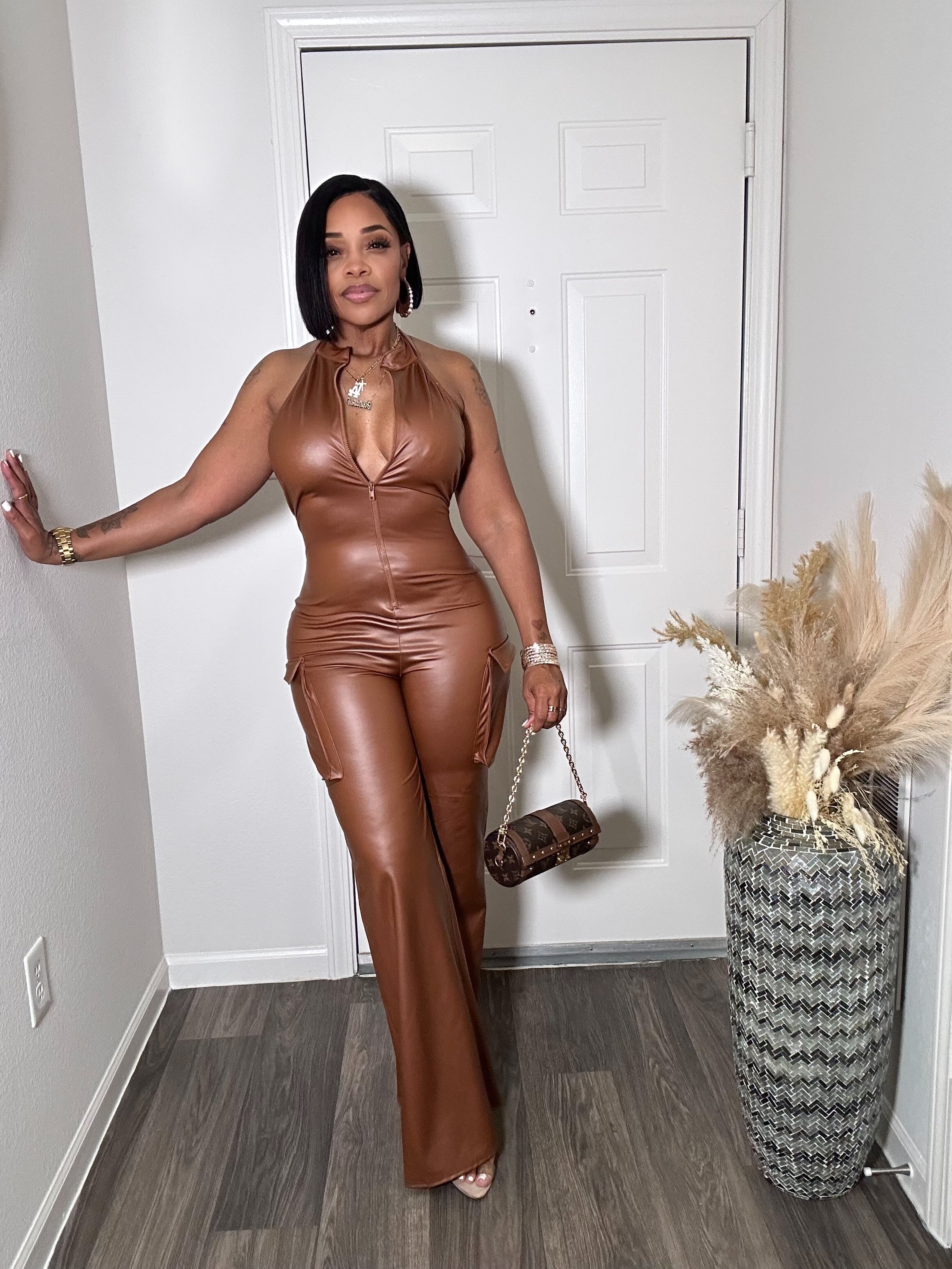 Brown Faux Leather open back Jumpsuit