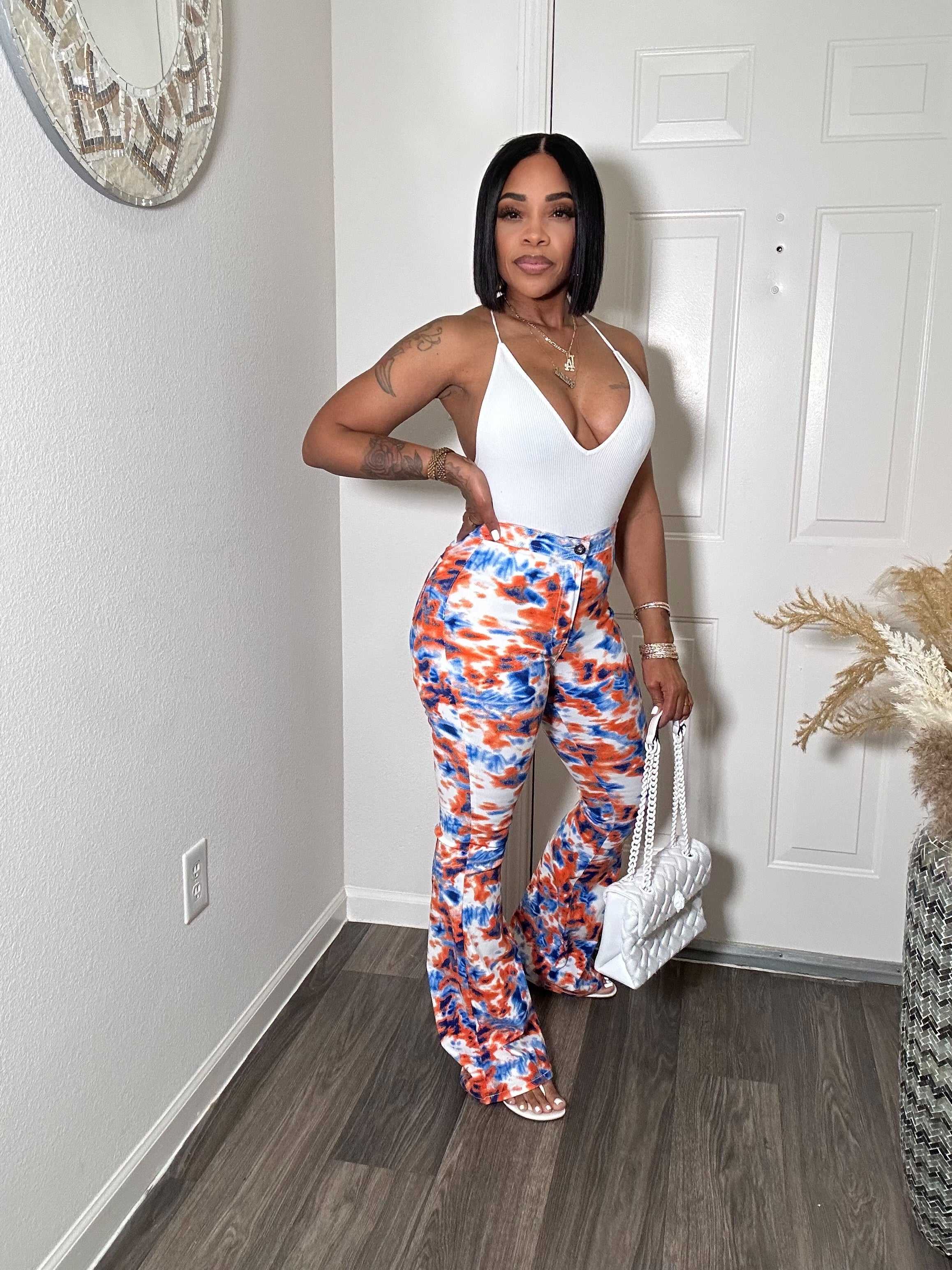 Printed High Waist Bell Bottom Jeans