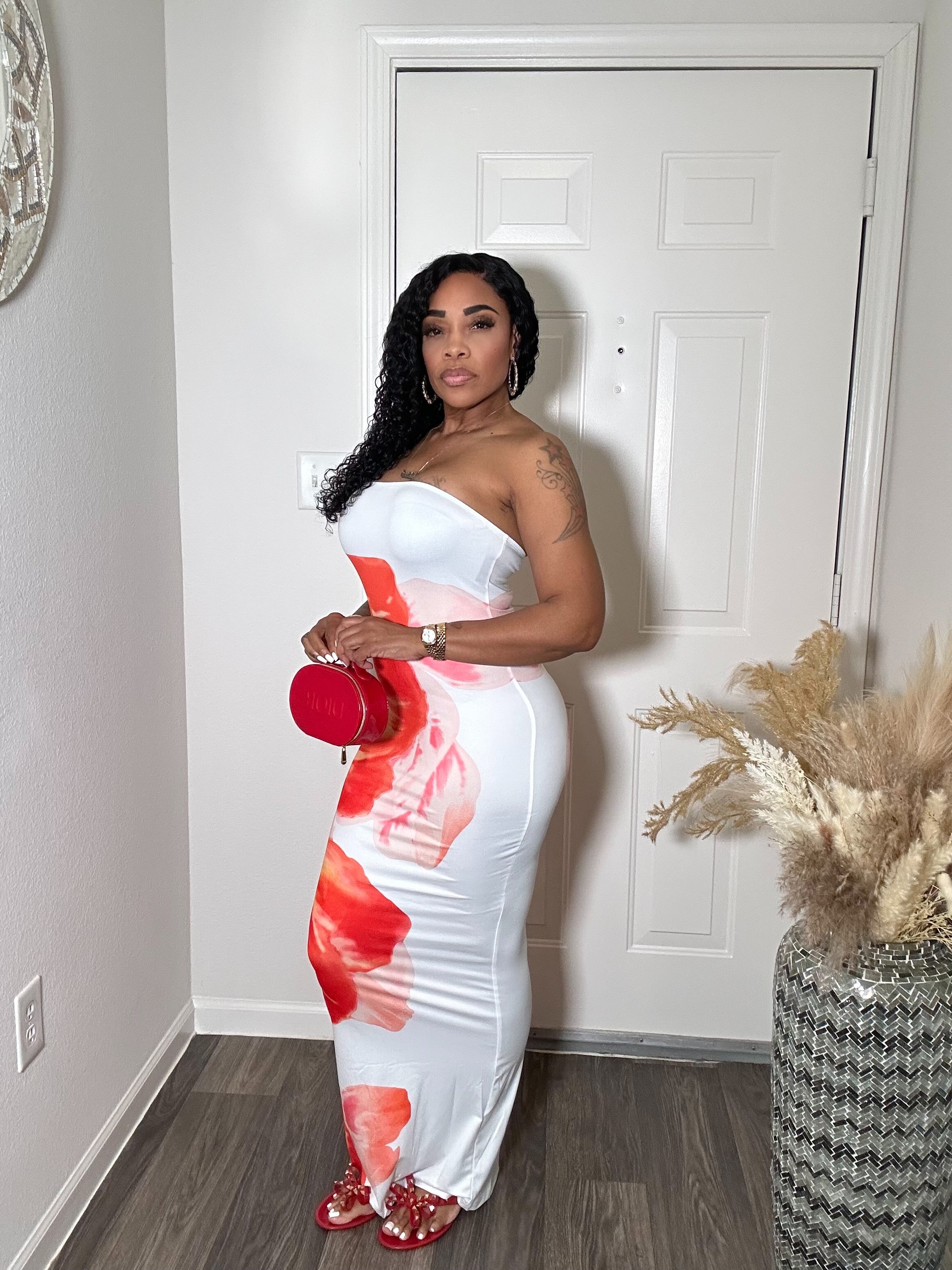 Red & White Floral Maxi Tube Dress