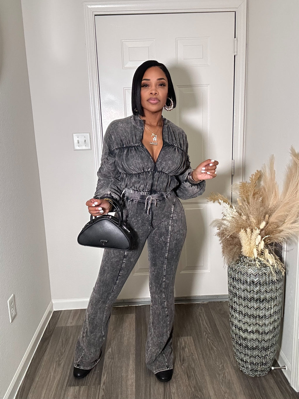 Mineral Wash Shirring Sleeve Jacket & Pants Set