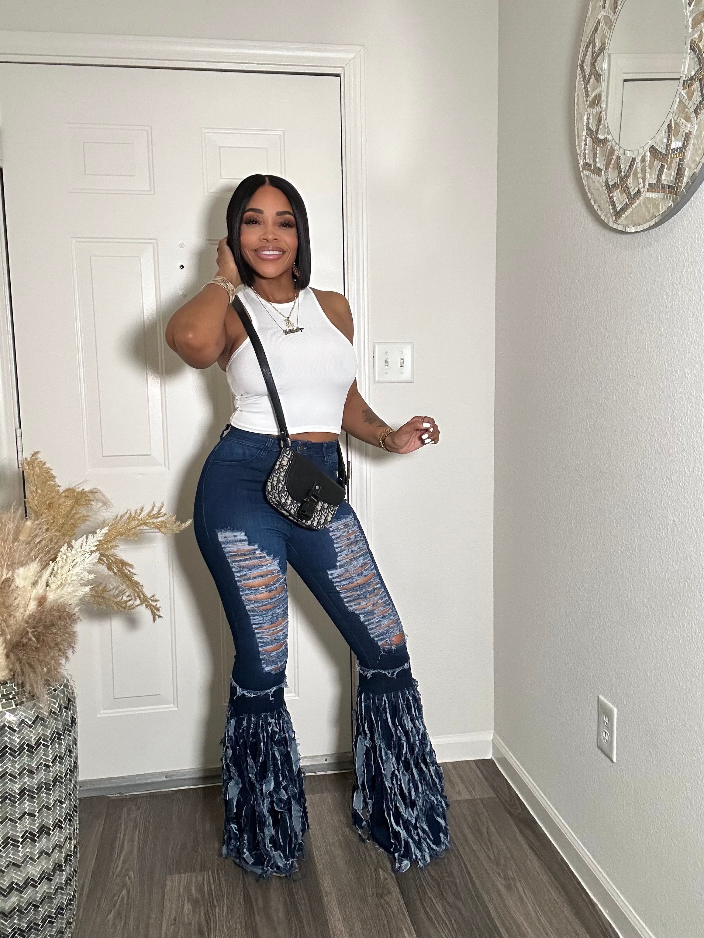 High Waist Dark Denim Fringe Jeans