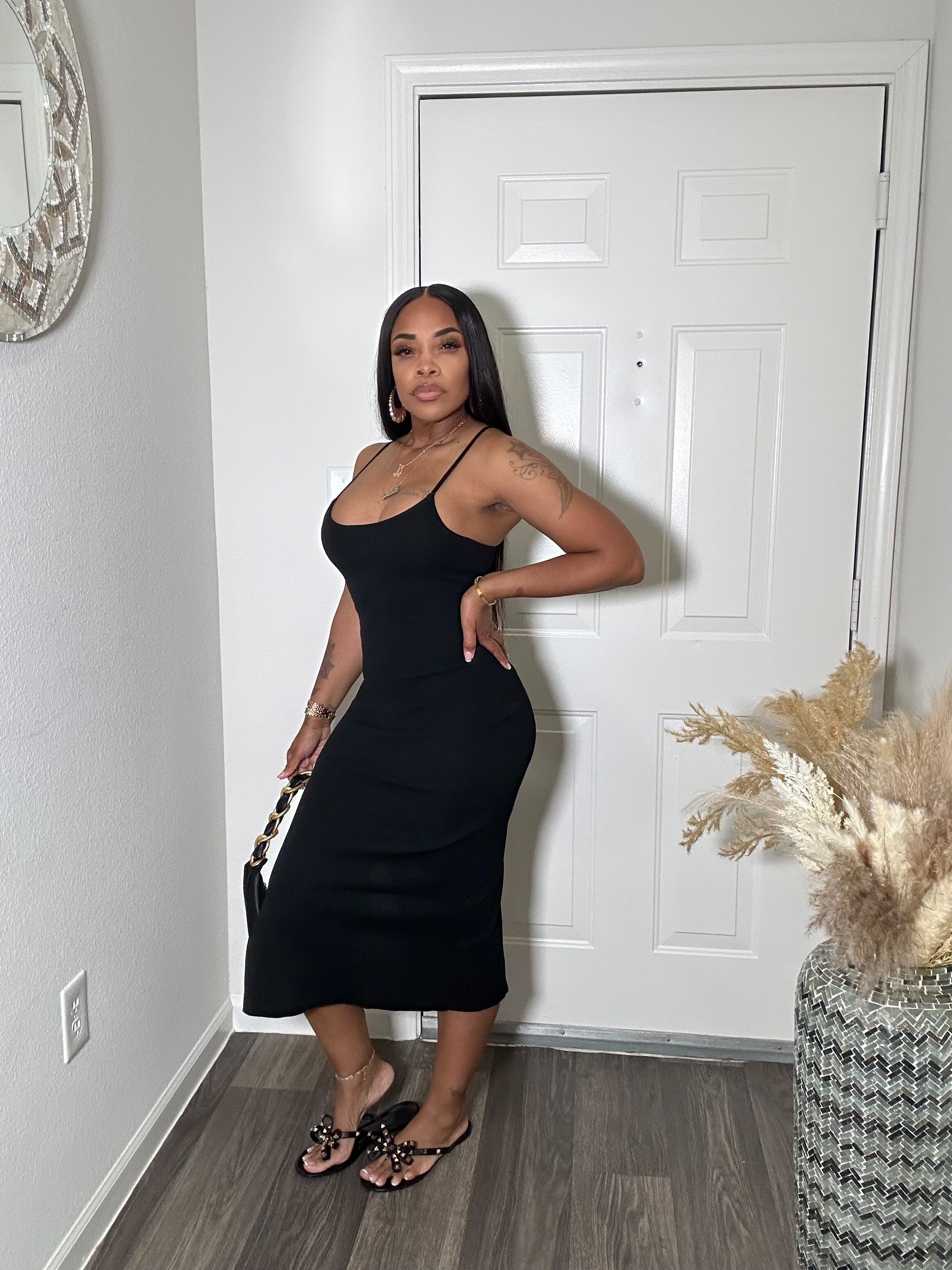 Spaghetti strap midi dress with high slit