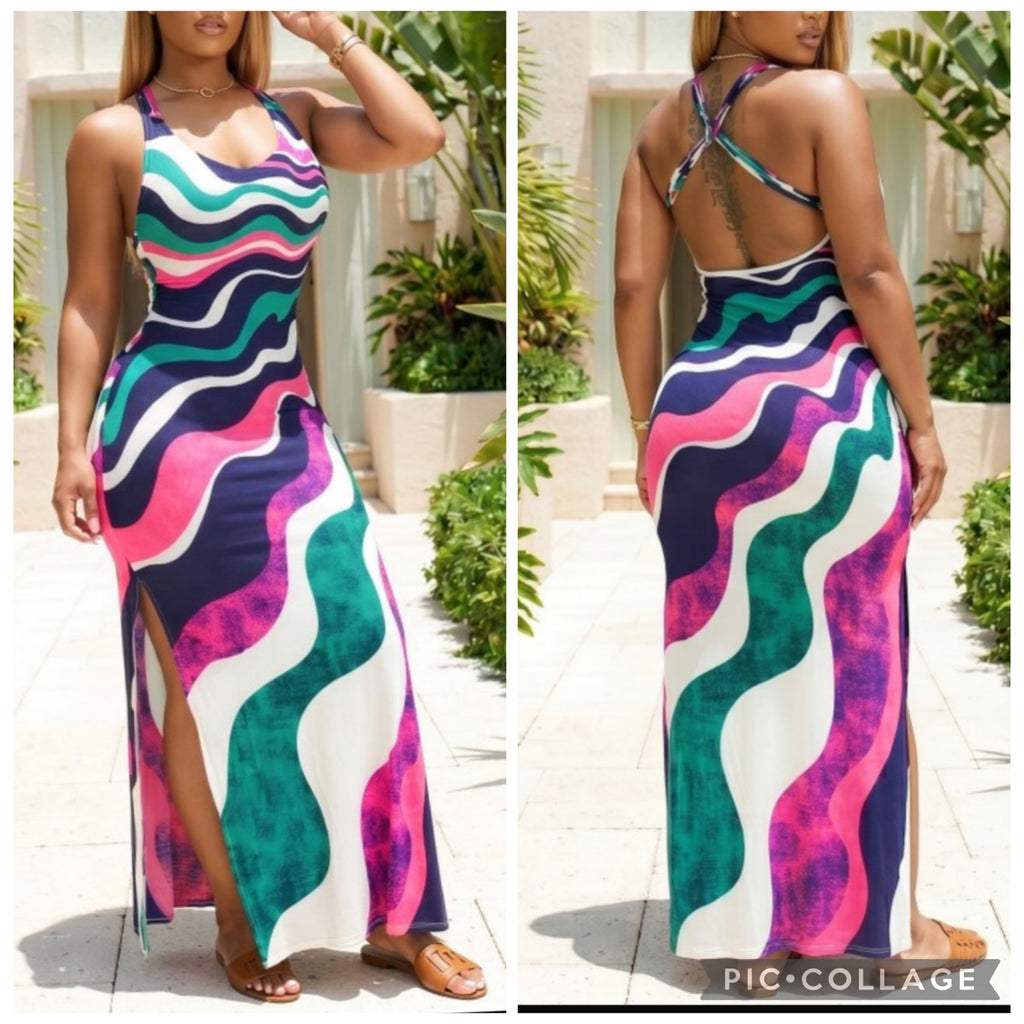 Wavy Colorful Criss Cross Back Maxi