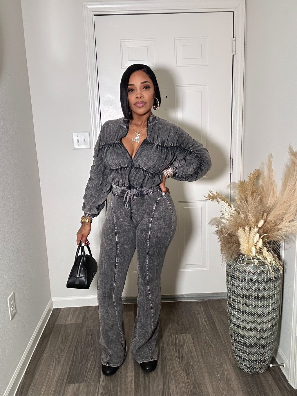 Mineral Wash Shirring Sleeve Jacket & Pants Set