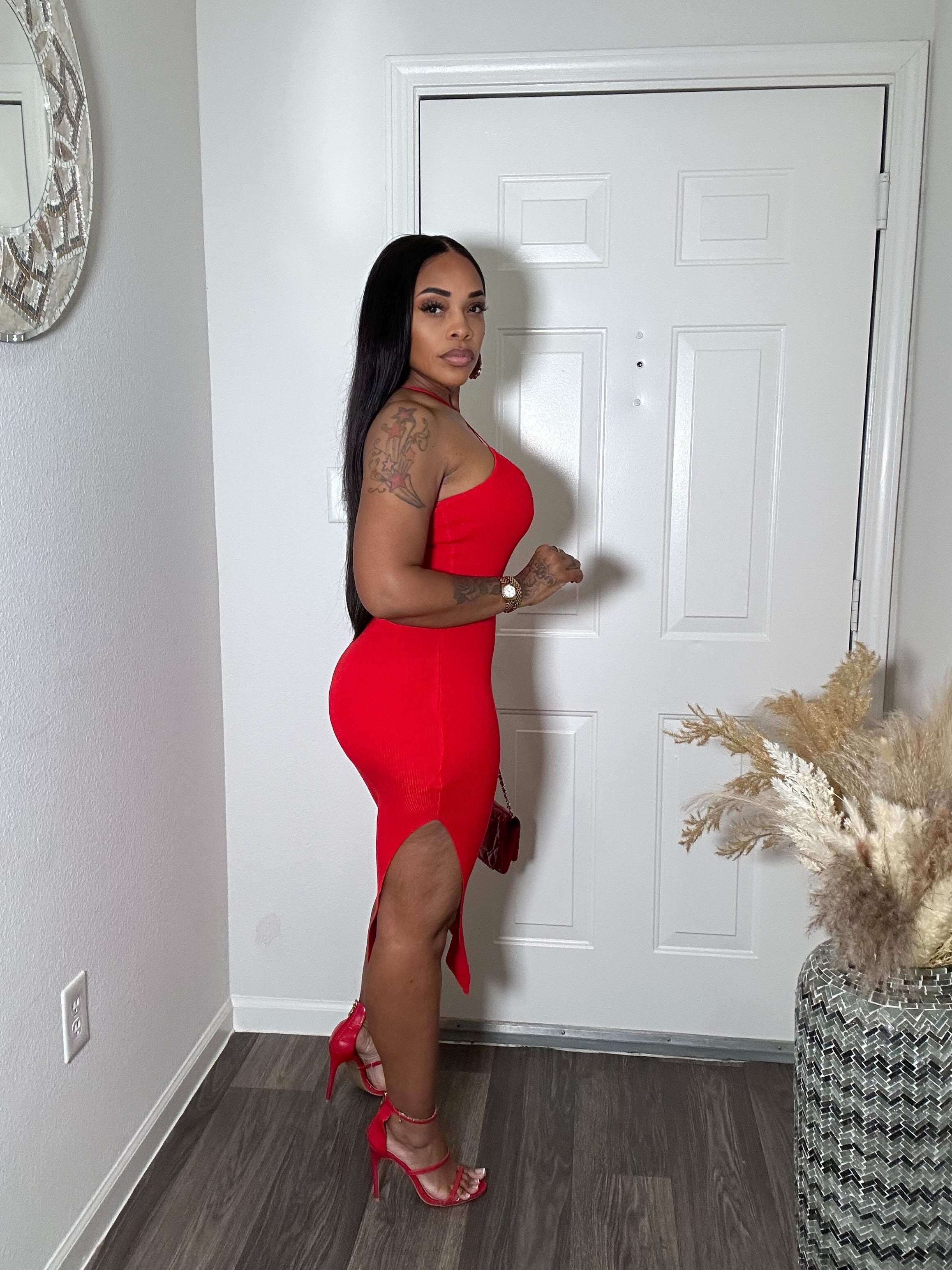 Spaghetti strap midi dress with high slit