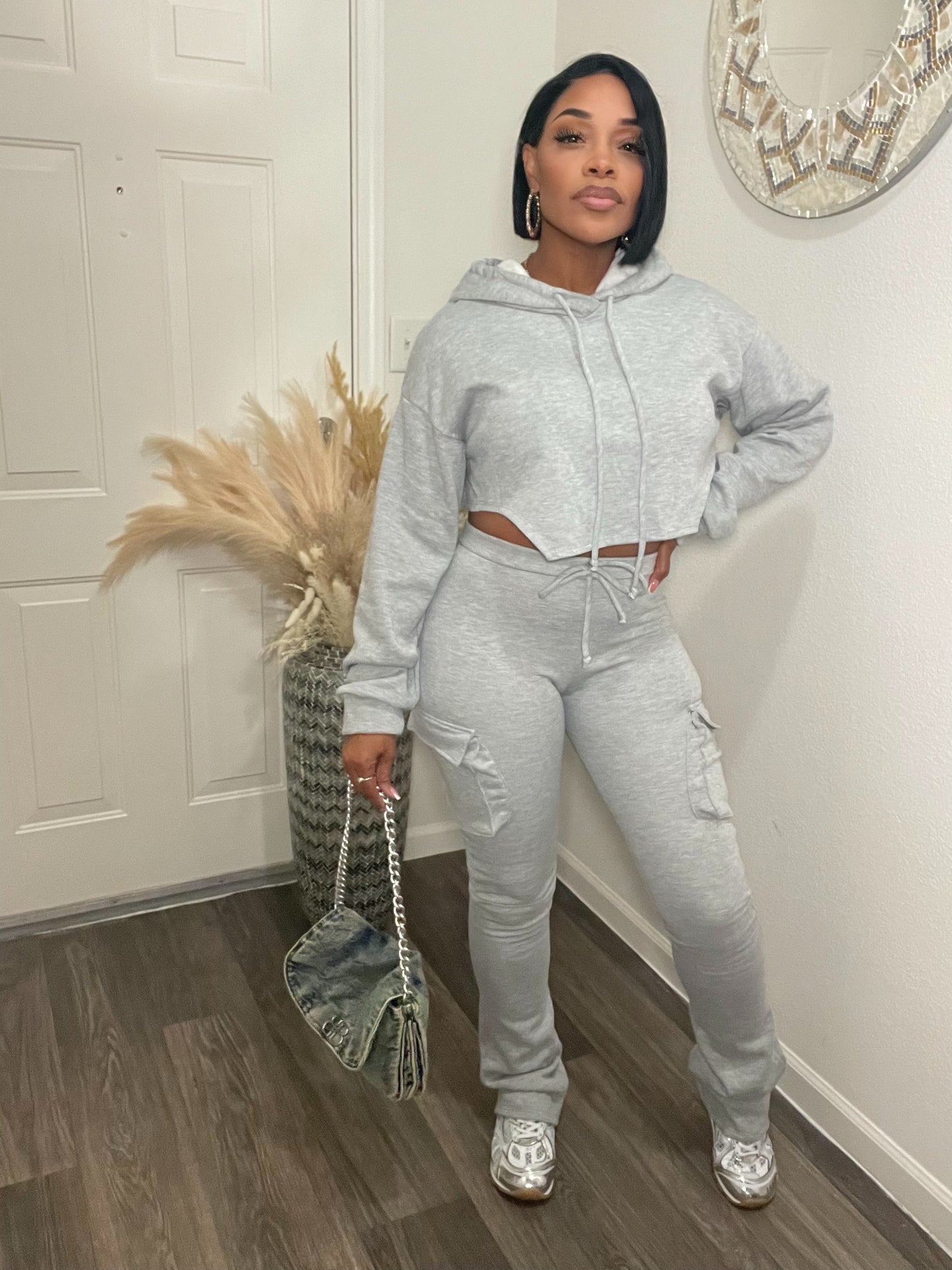 Grey High Low Hoodie & Cargo Sweatpants Set