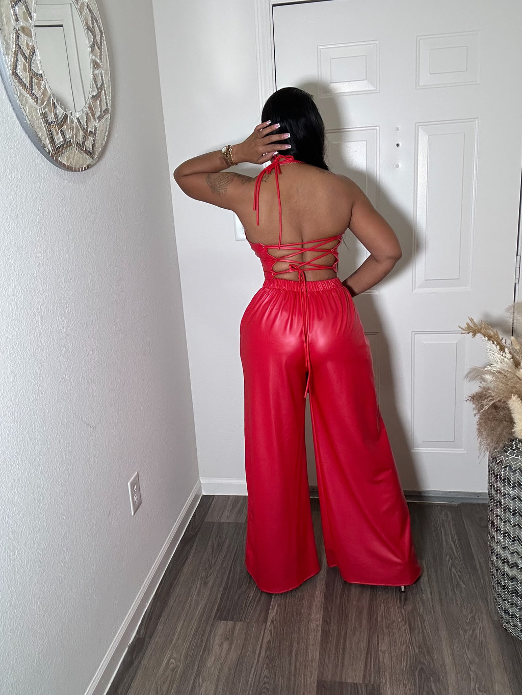 Faux Leather lace Up Back Halter Top & Wide leg Pants