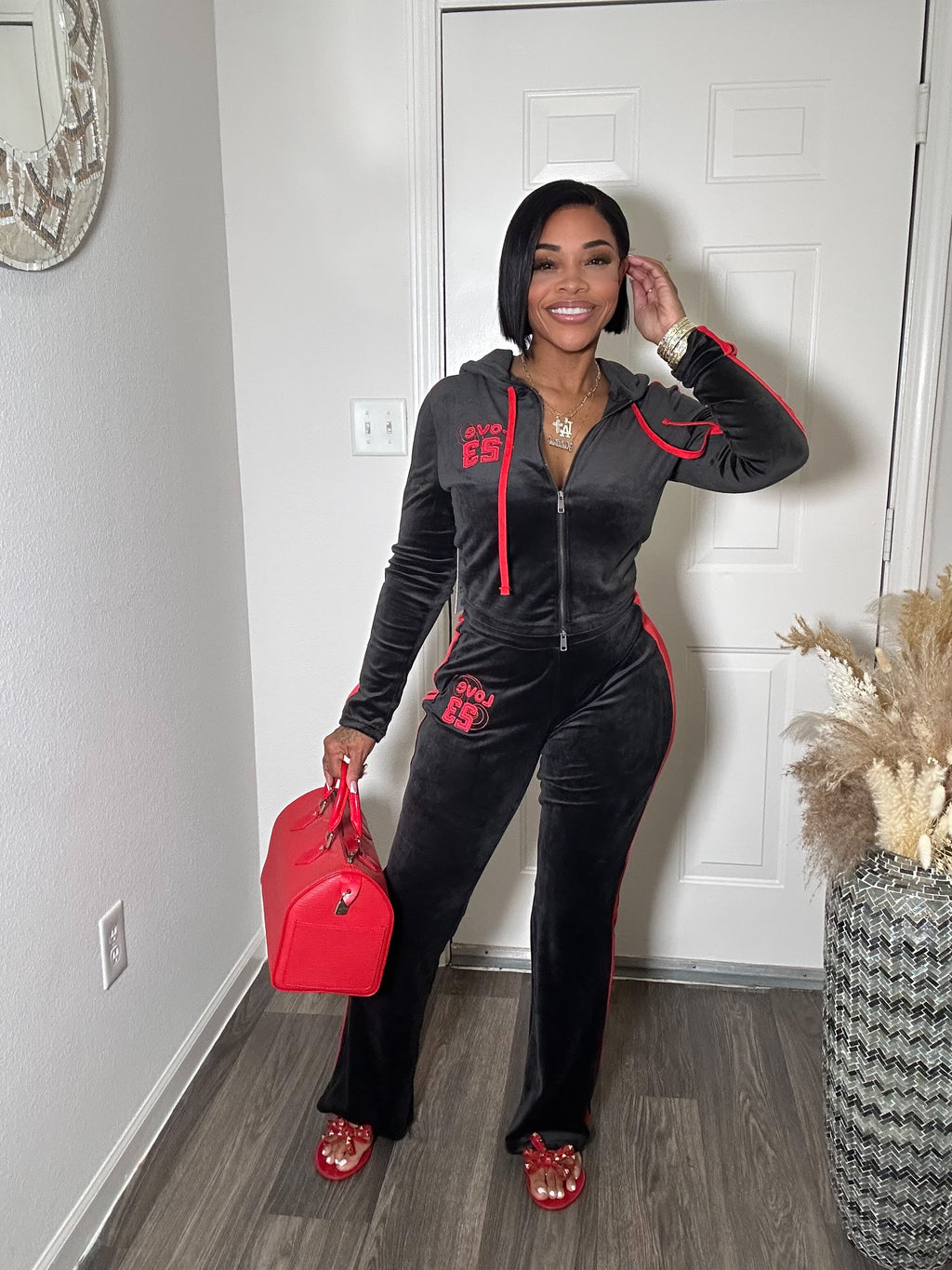 Red & Black Velour 2-pc Pants Set